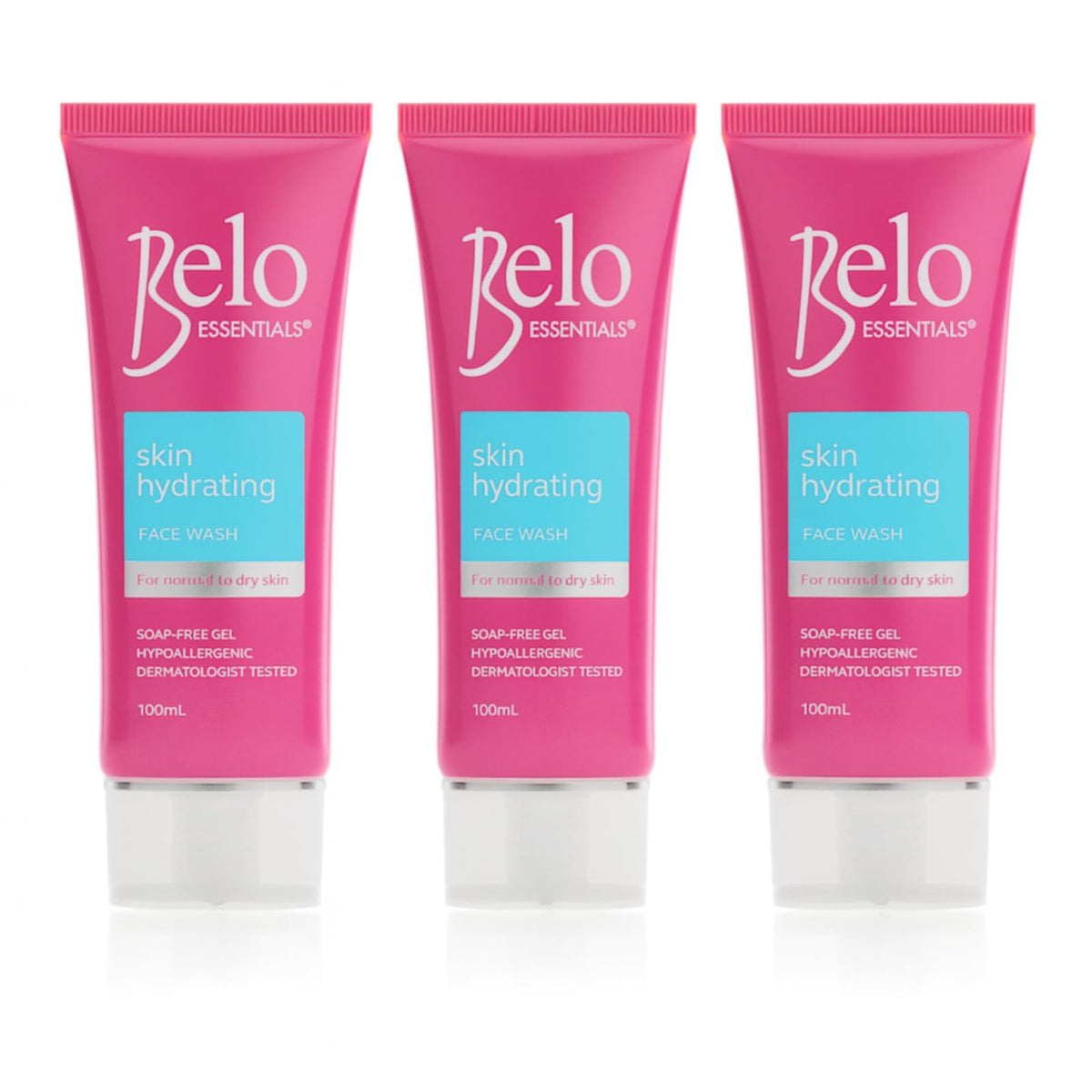Belo Essentials Hydrating Face Wash bottle shows refreshing hydration for daily cleansing.