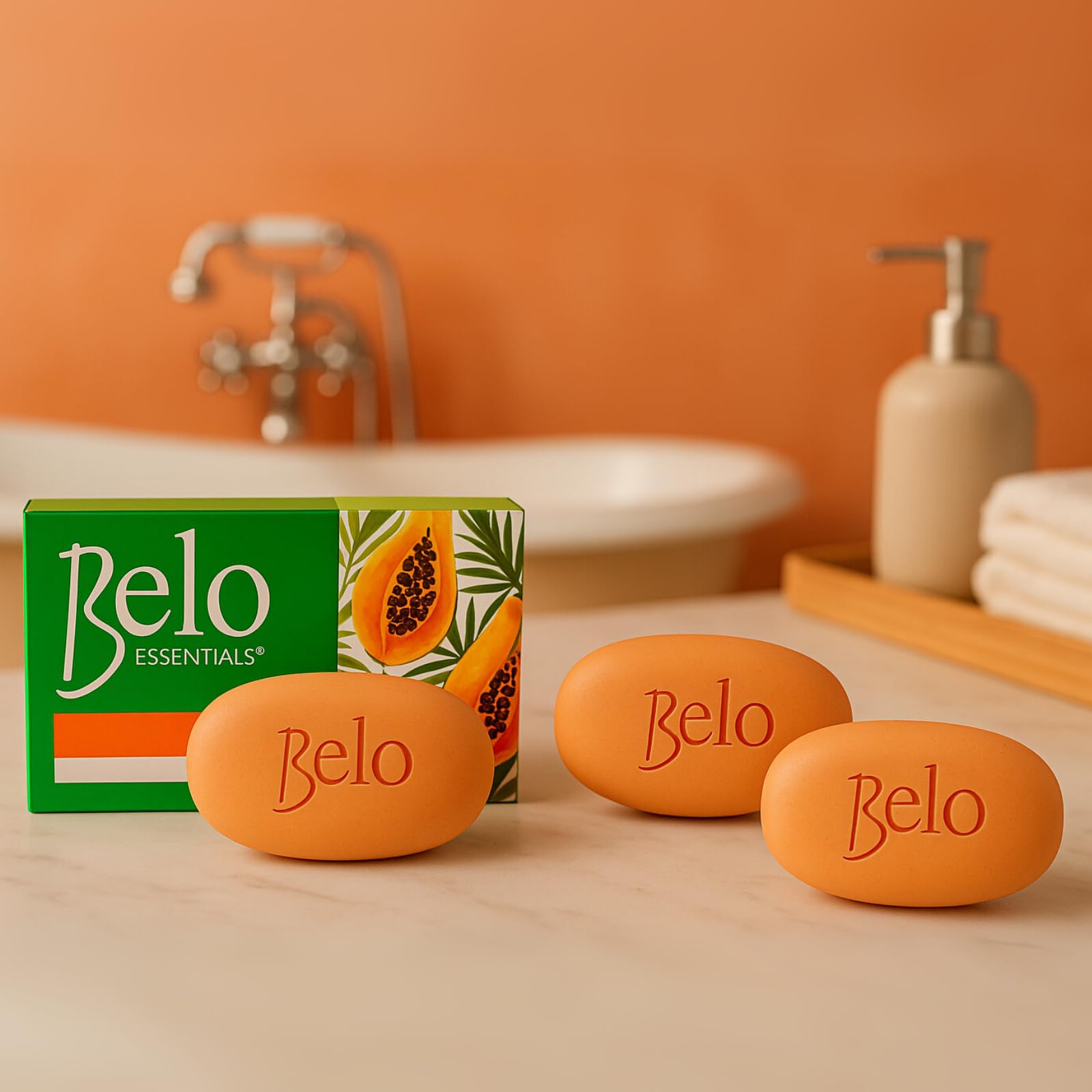 Flat lay of Belo Essentials bars with water droplets suggesting a spa-like ritual