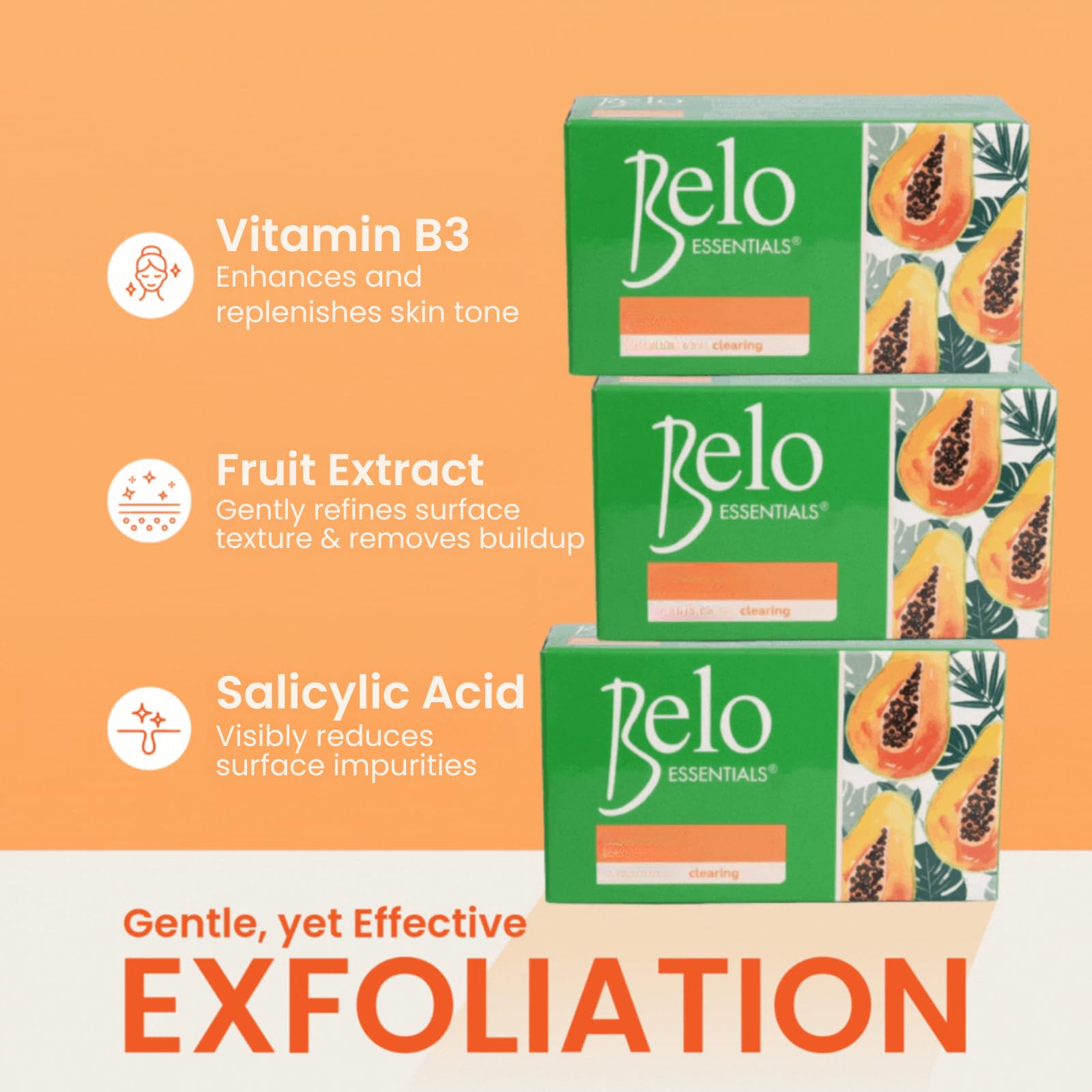 Three 65g Belo Essentials bars ready for daily face and body cleansing
