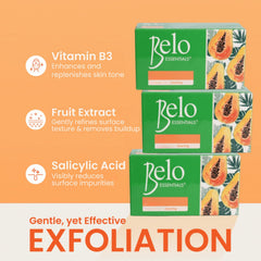 Three 65g Belo Essentials bars ready for daily face and body cleansing