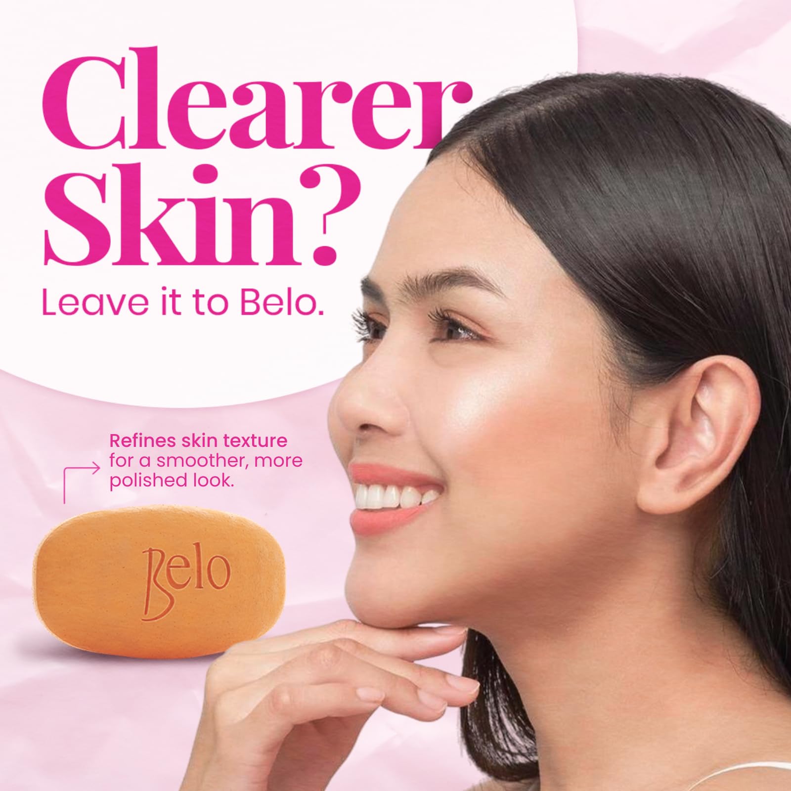 Belo Essentials soap bar close-up shows creamy lather and smooth texture on skin