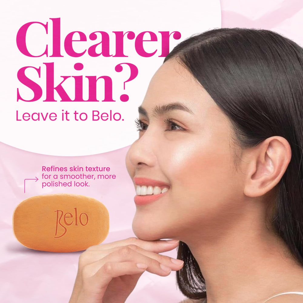 Belo Essentials soap bar close-up shows creamy lather and smooth texture on skin