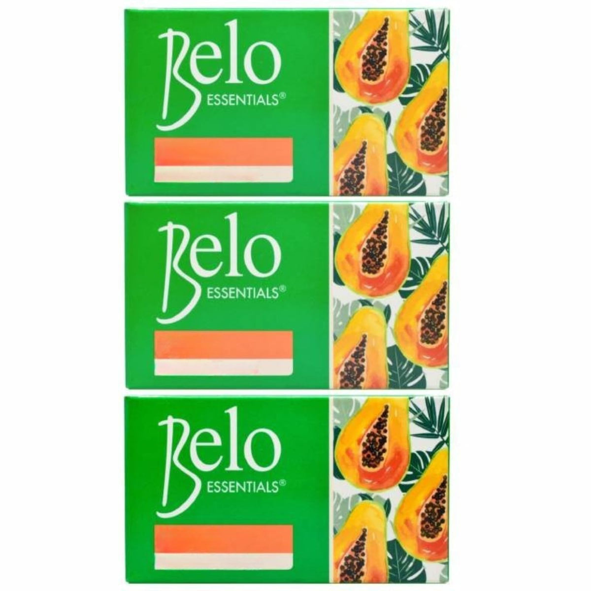 Belo Essentials triple-pack packaging displaying the soap bars for easy daily cleansing