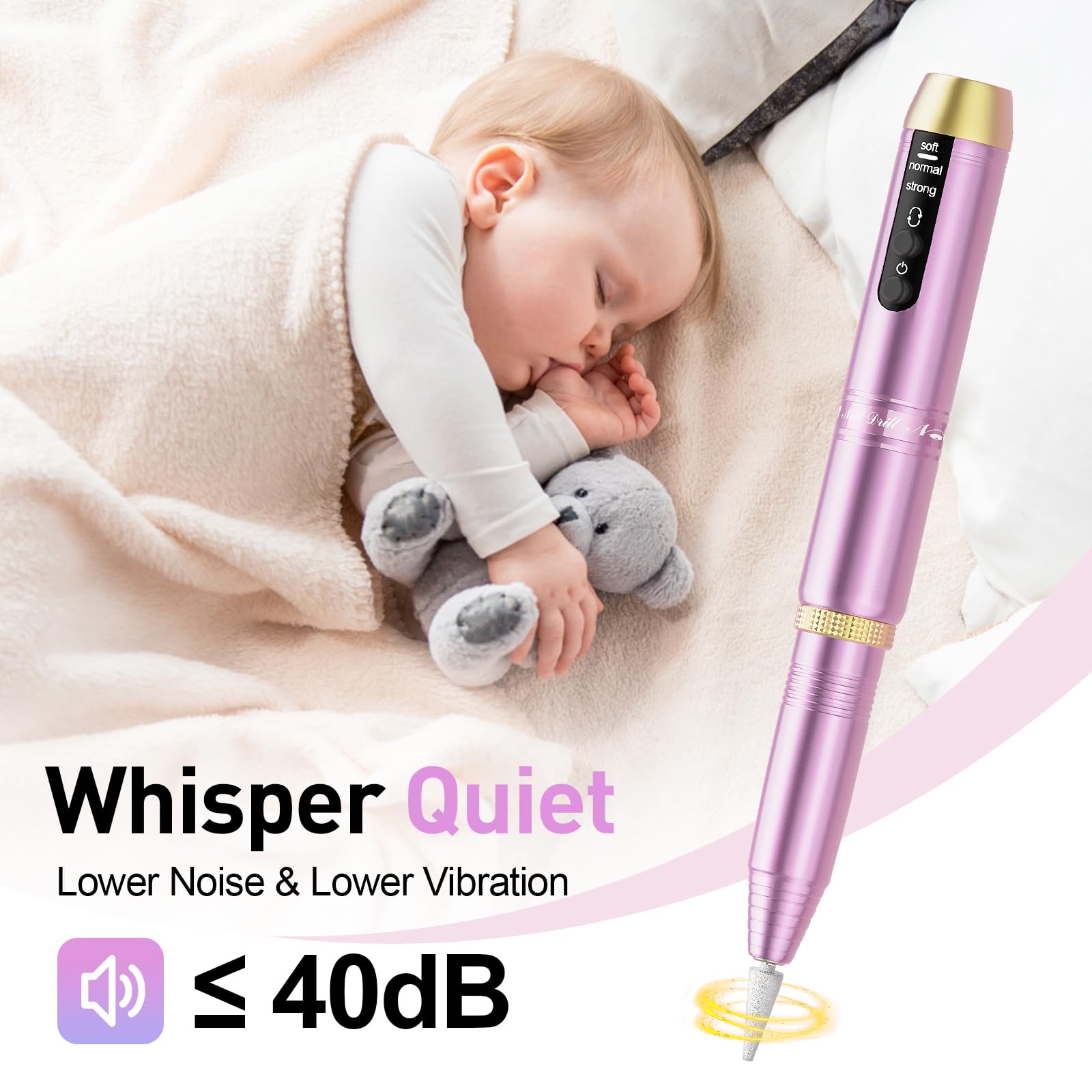 Beloving adjustable speed and direction close-up for tailored nail shaping.