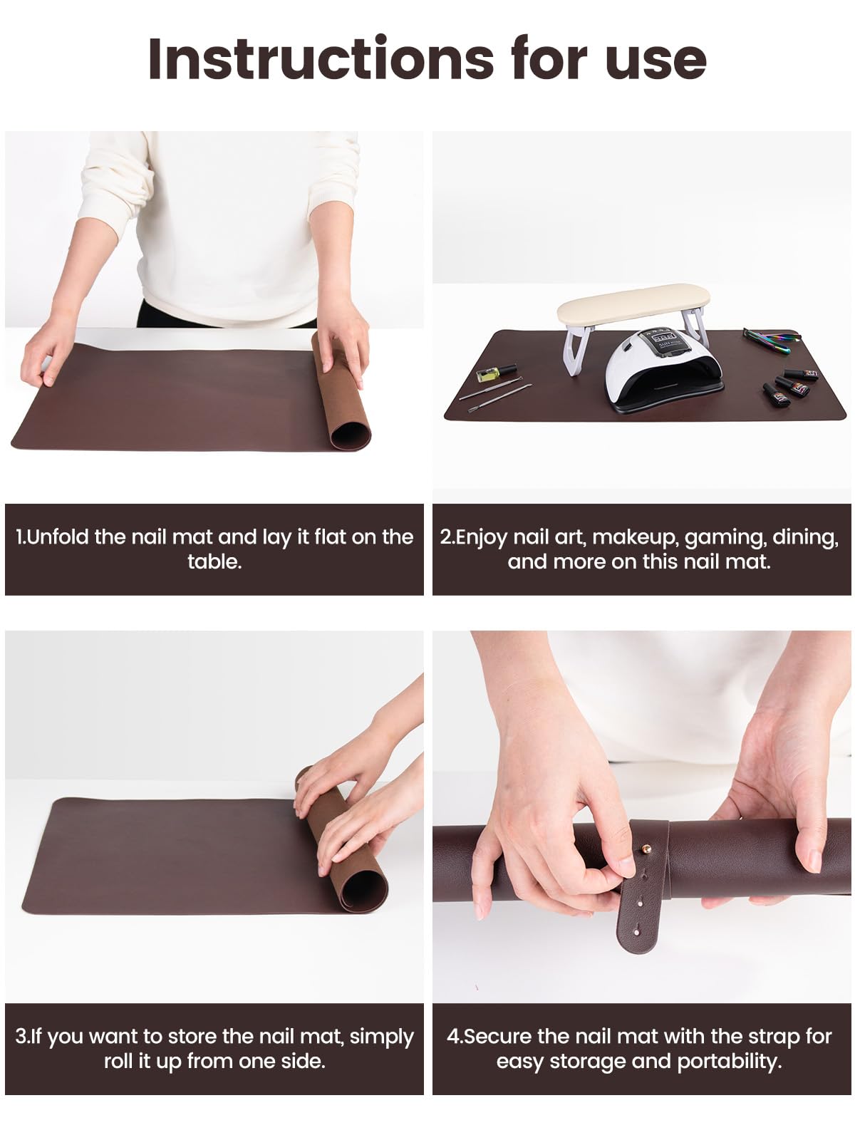 Dark brown Beloving mat adds professional aesthetic to any manicure space.