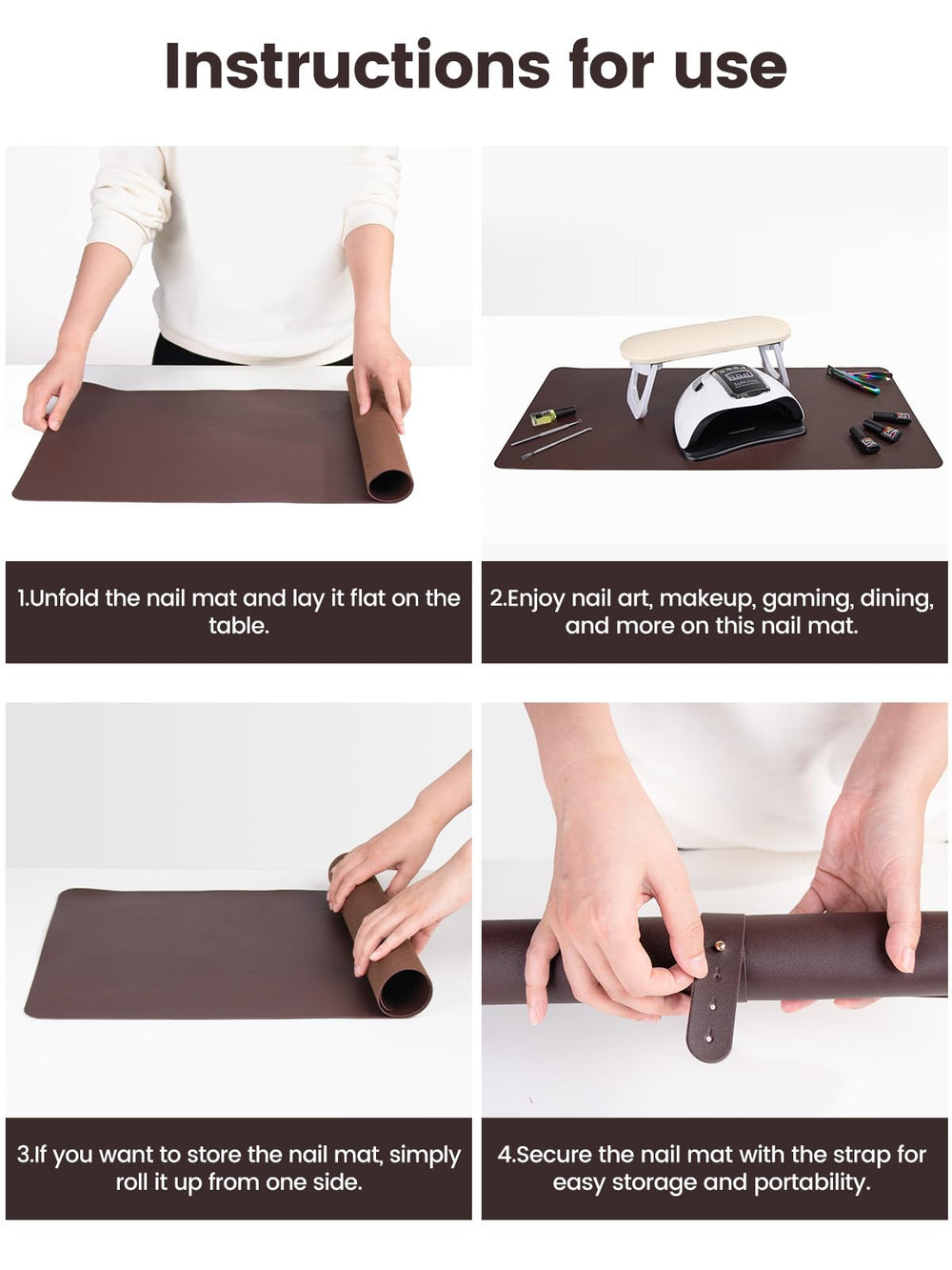 Dark brown Beloving mat adds professional aesthetic to any manicure space.