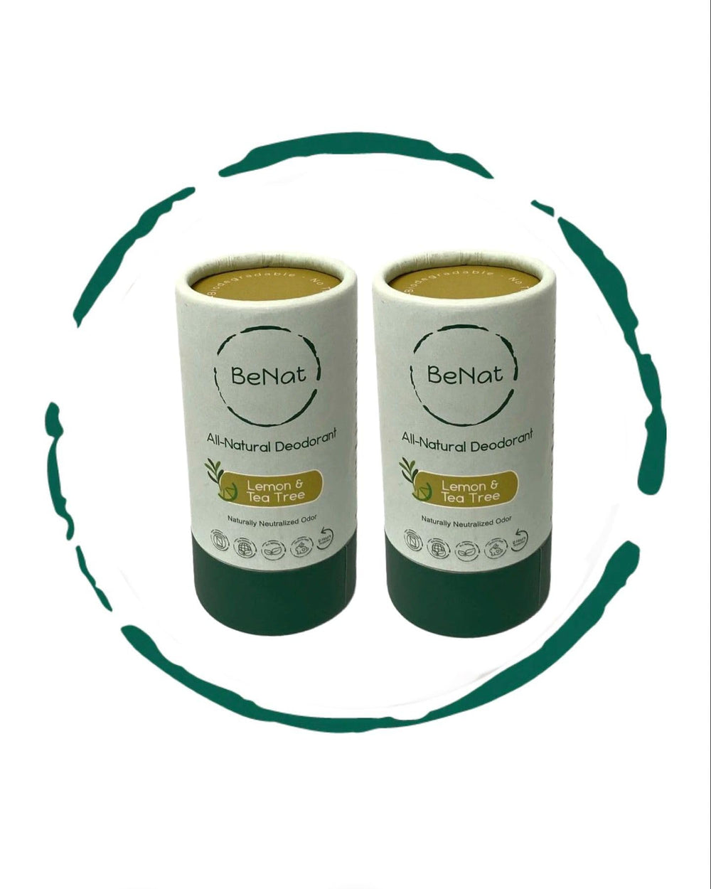 BeNat 2-pack deodorant outer box highlighting plastic-free packaging and natural ingredients.