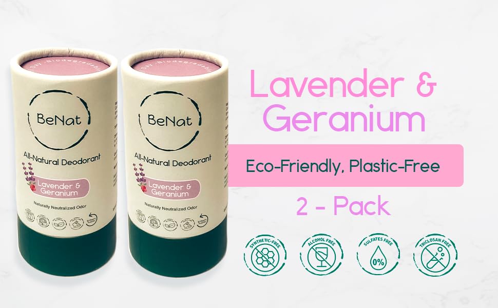 BeNat lavender-geranium deodorant bottle close-up highlighting natural scent