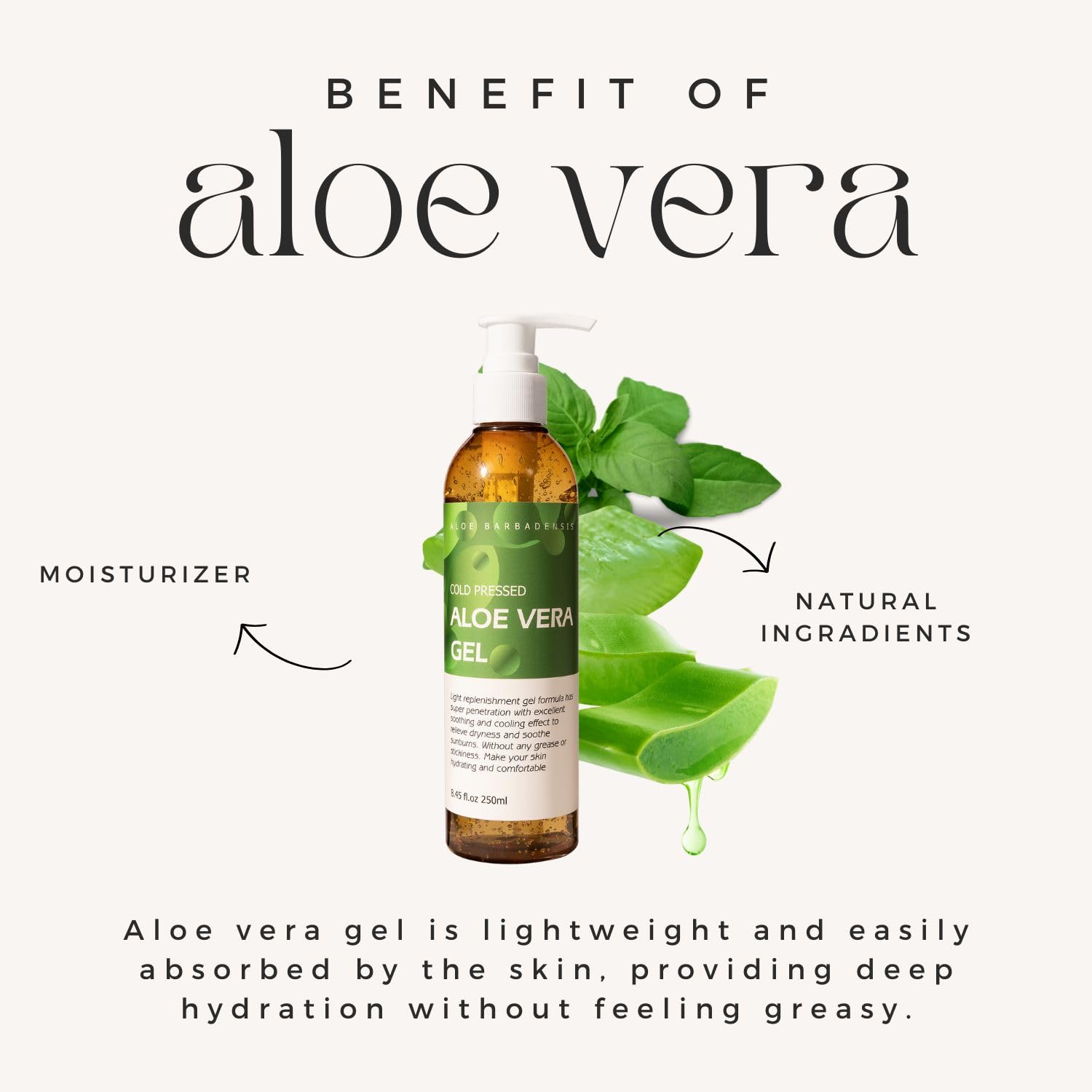 Benatu Aloe Vera Gel on skin application demonstrates soothing hydration for sun exposure.