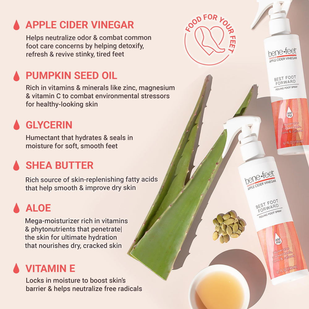 Benefeet Best Foot Forward applying spray on dry feet for quick exfoliation.