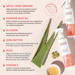 Benefeet Best Foot Forward applying spray on dry feet for quick exfoliation.