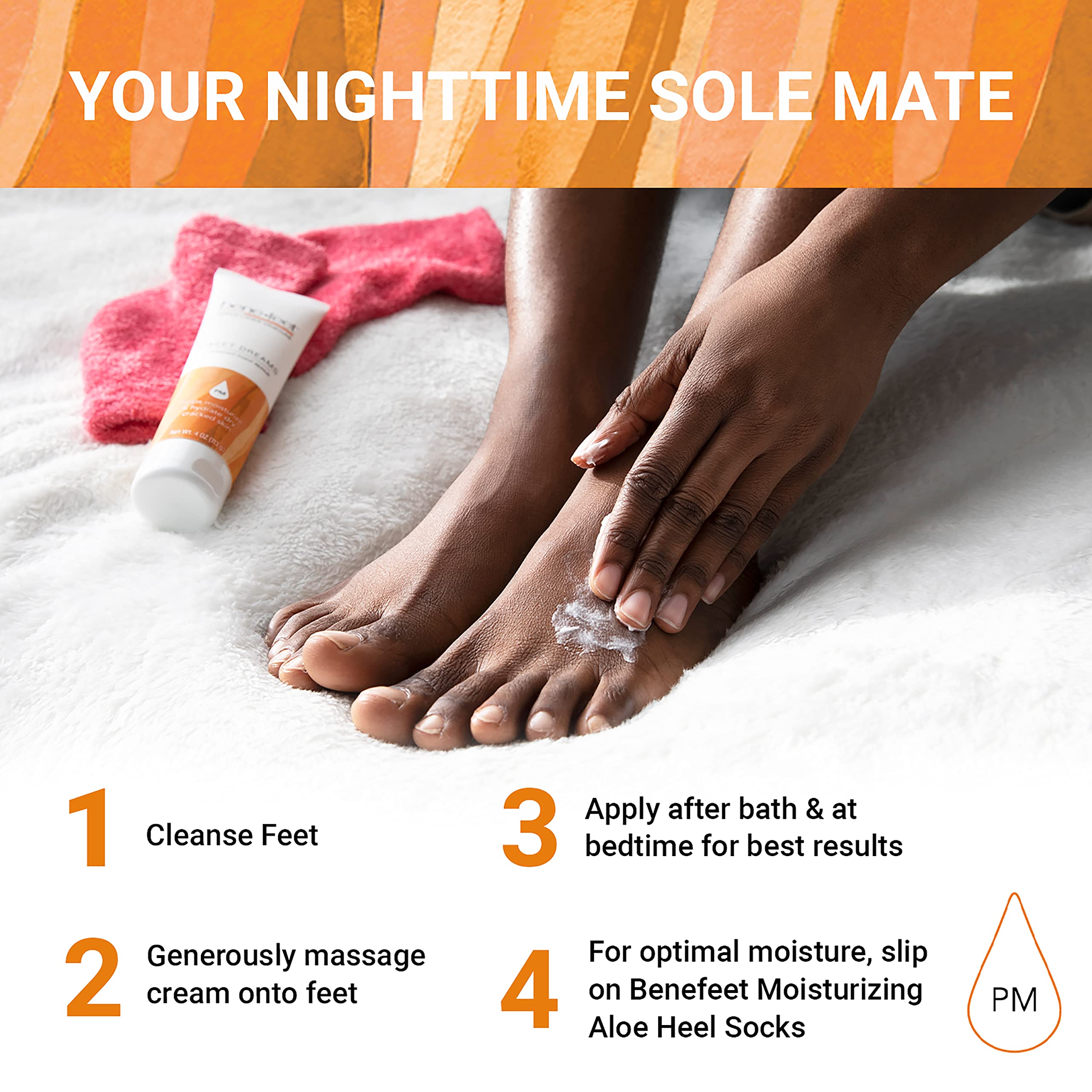Benefeet foot care routine scene with nightly application before bed