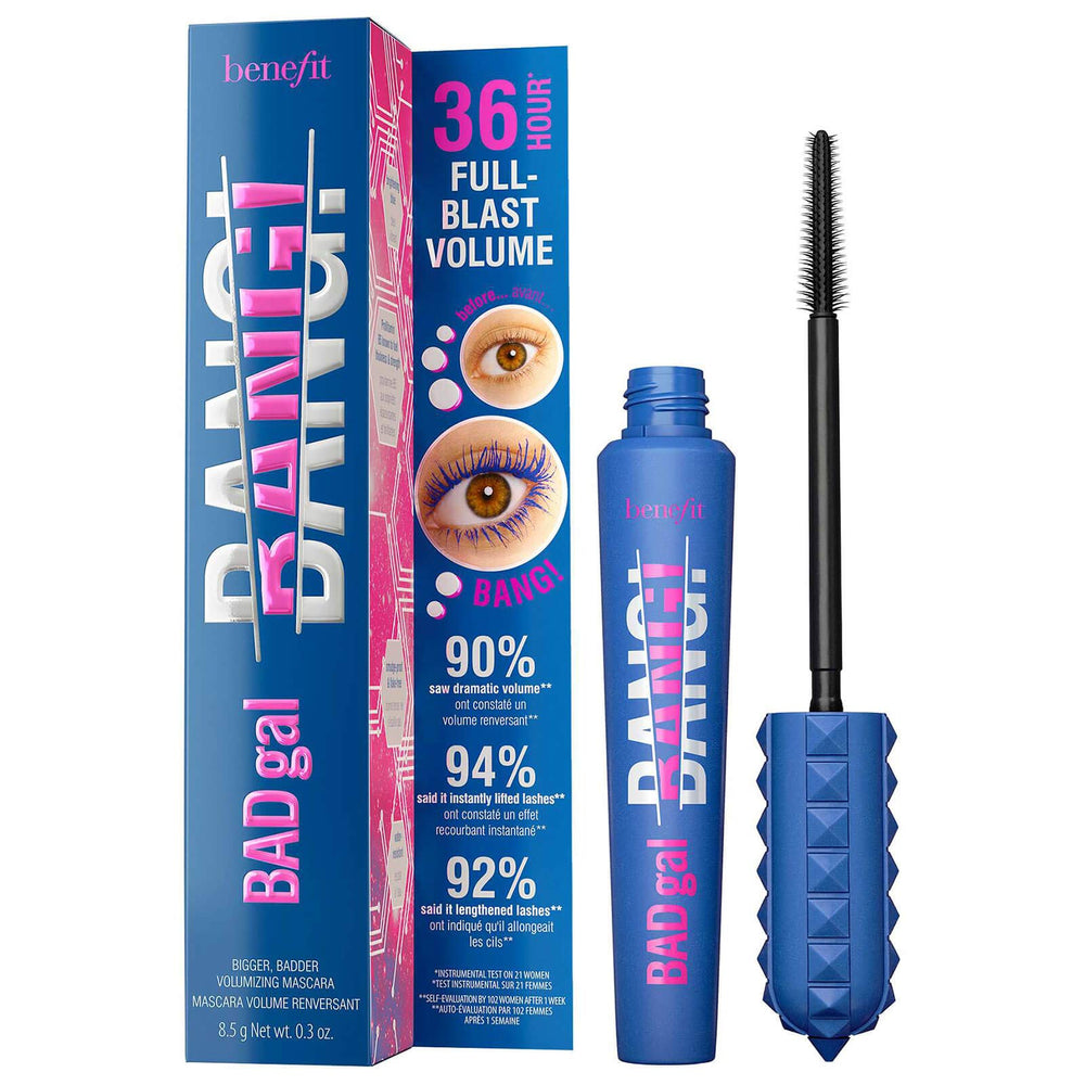 Benefit BADgal BANG! mascara in bright blue bottle delivering dramatic volume.