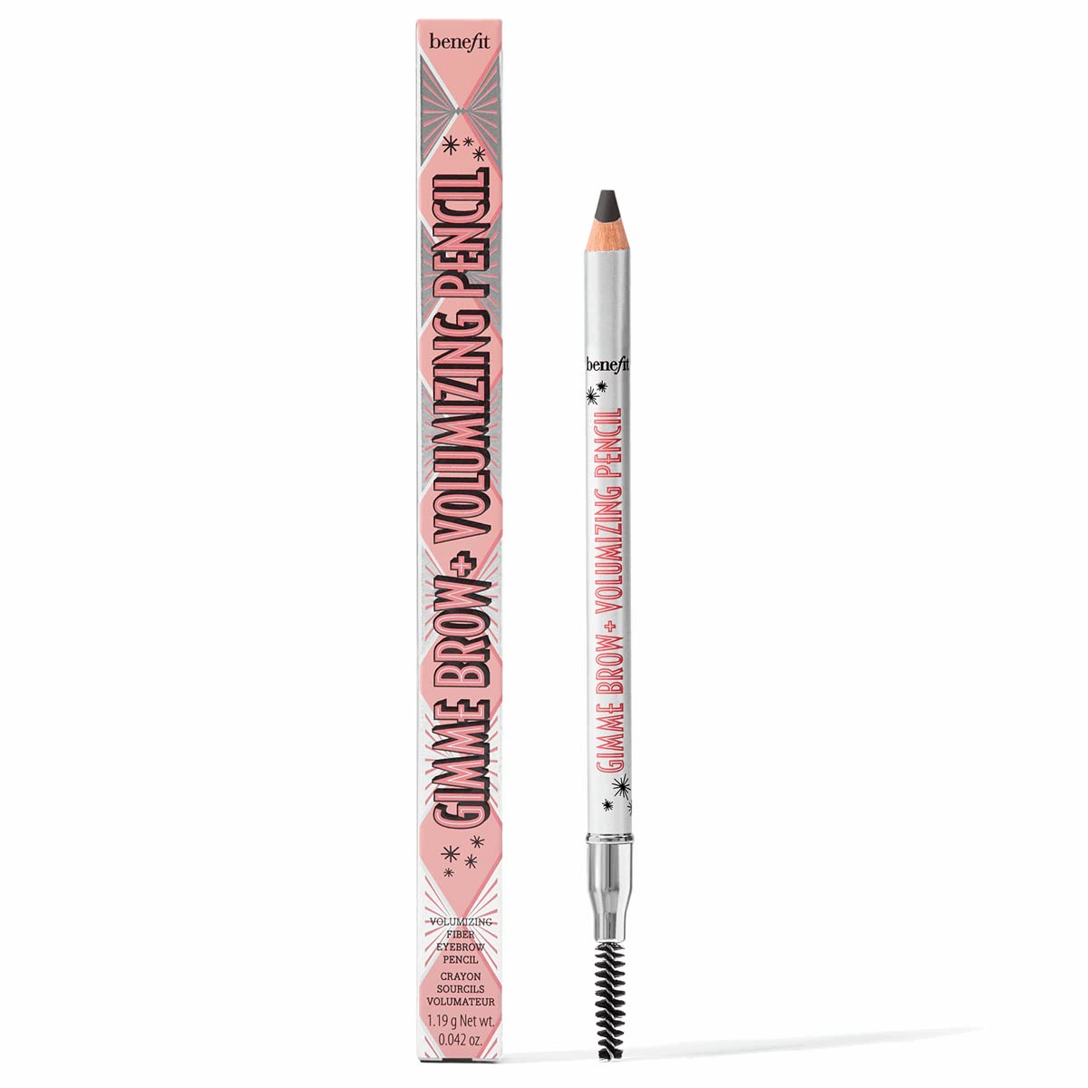 Benefit Gimme Brow bottle close-up showing fibers for natural fullness