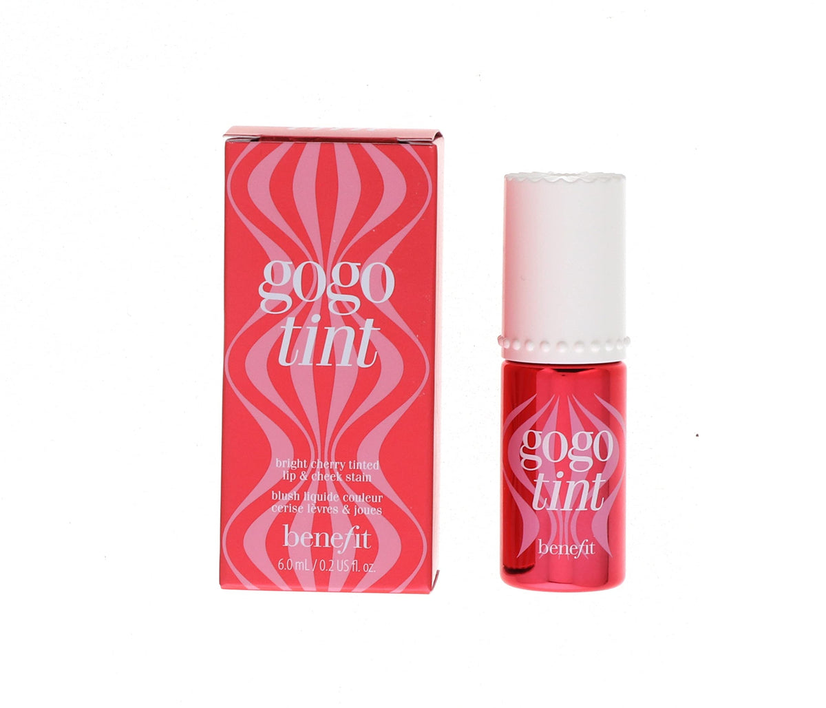 Benefit Gogo Tint Bright Cherry bottle showing bold berry color for lips