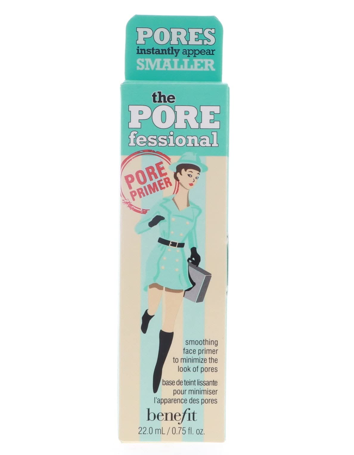 Benefit Porefessional primer bottle close-up, silky texture and pore-minimizing base.