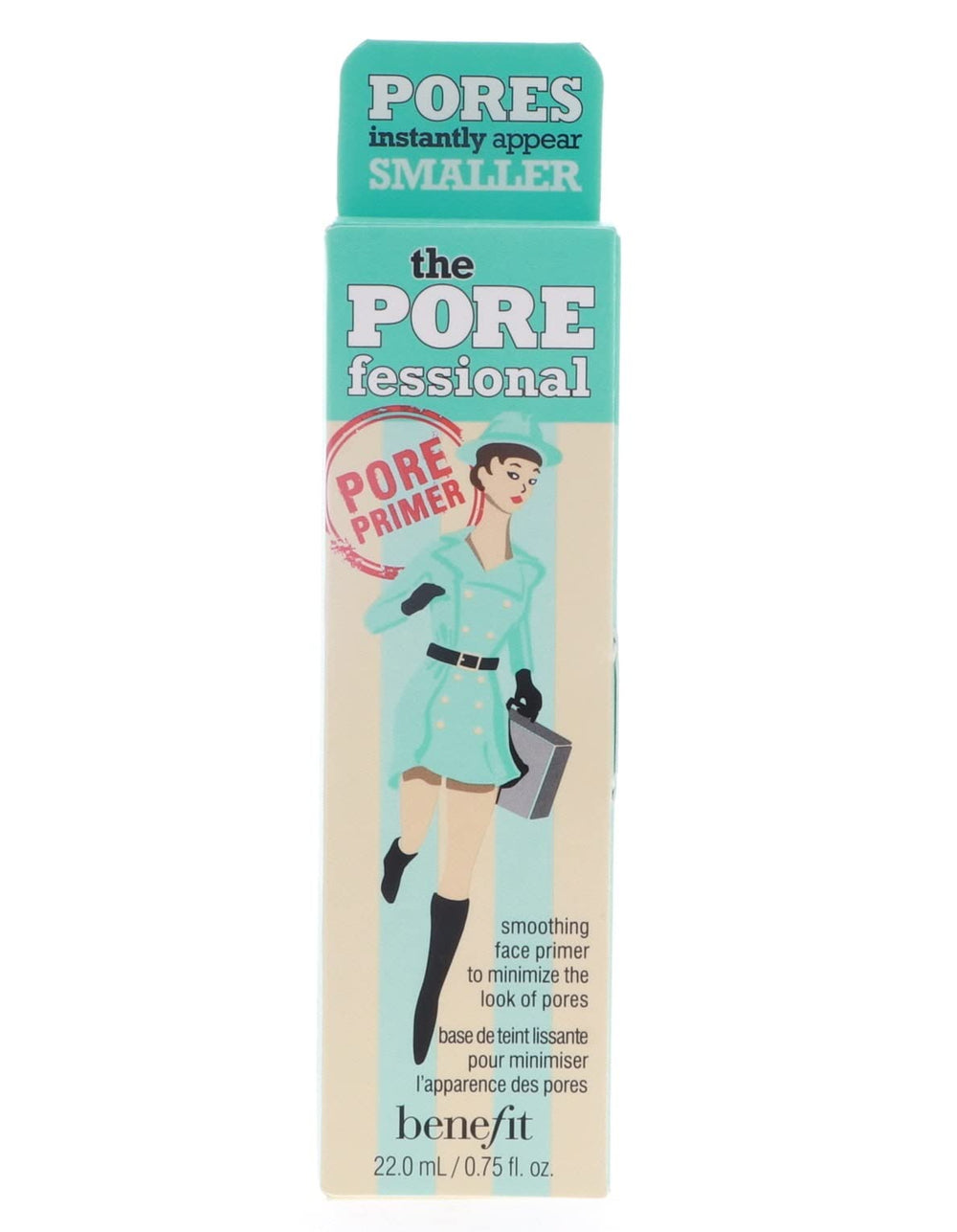 Benefit Porefessional primer bottle close-up, silky texture and pore-minimizing base.