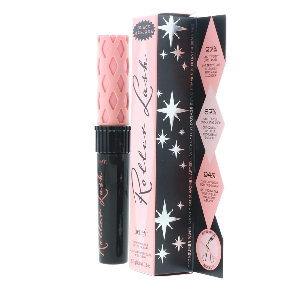 Benefit Roller Lash before and after emphasizes curl and lift.
