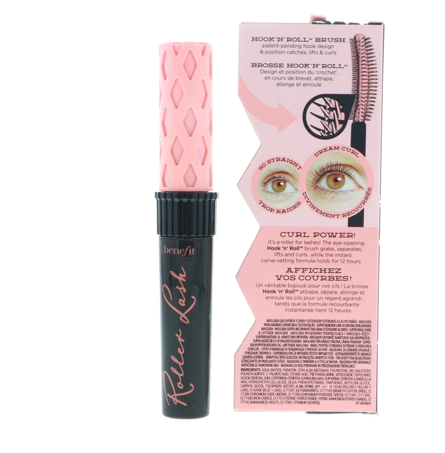 Benefit Roller Lash packaging close-up highlights branding and premium feel.