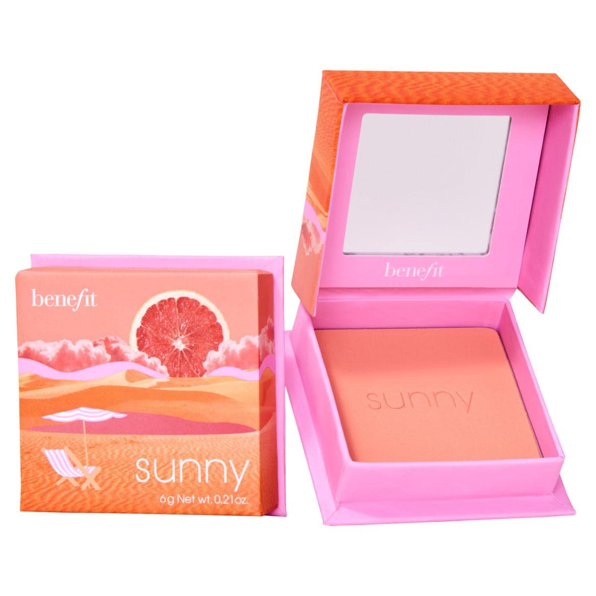 Benefit Sunny Warm Coral Blush compact close-up, rich color for radiant cheeks.