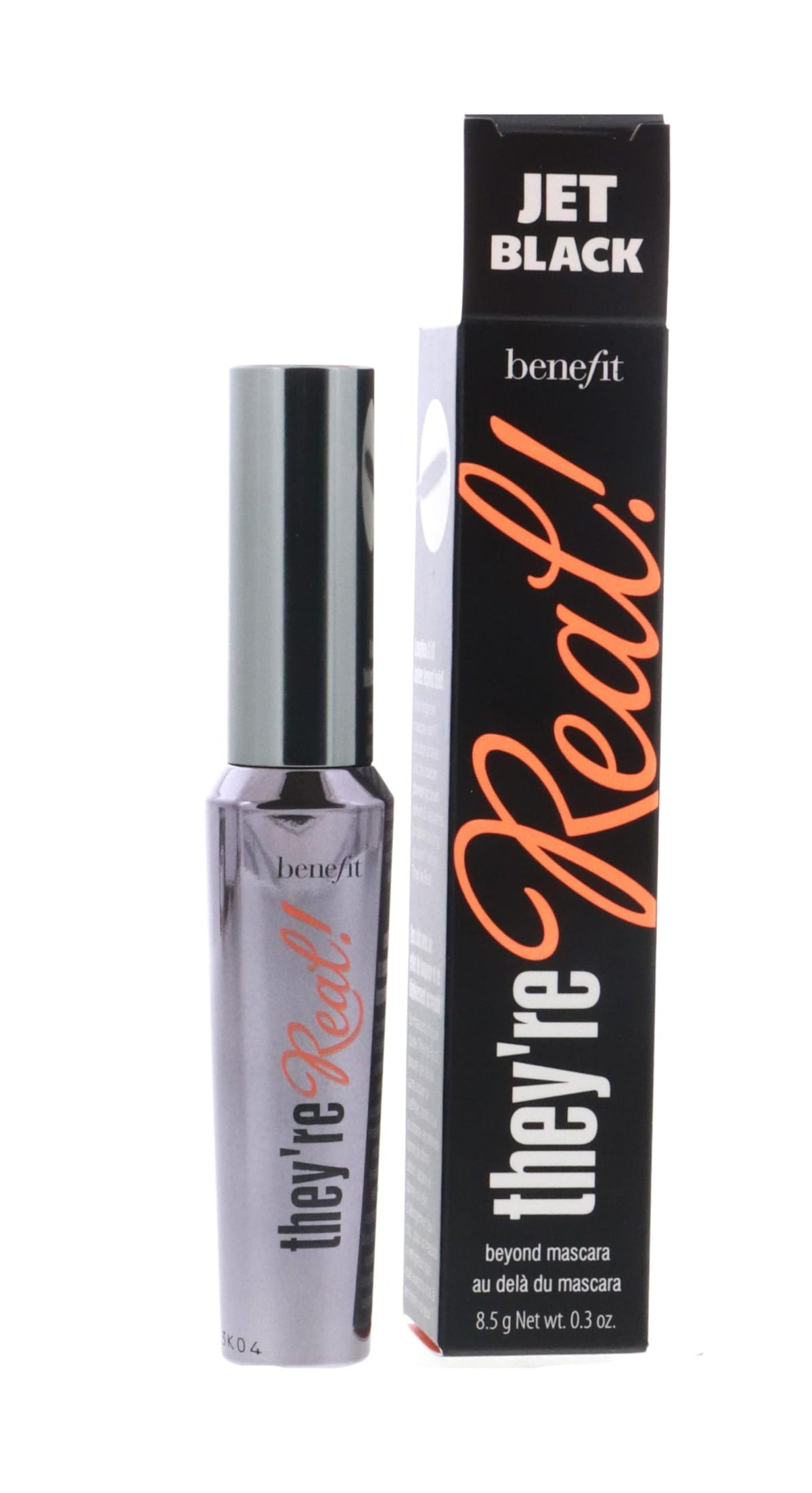 Benefit They're Real Mascara bottle closeup shows jet black formula for dramatic lashes.