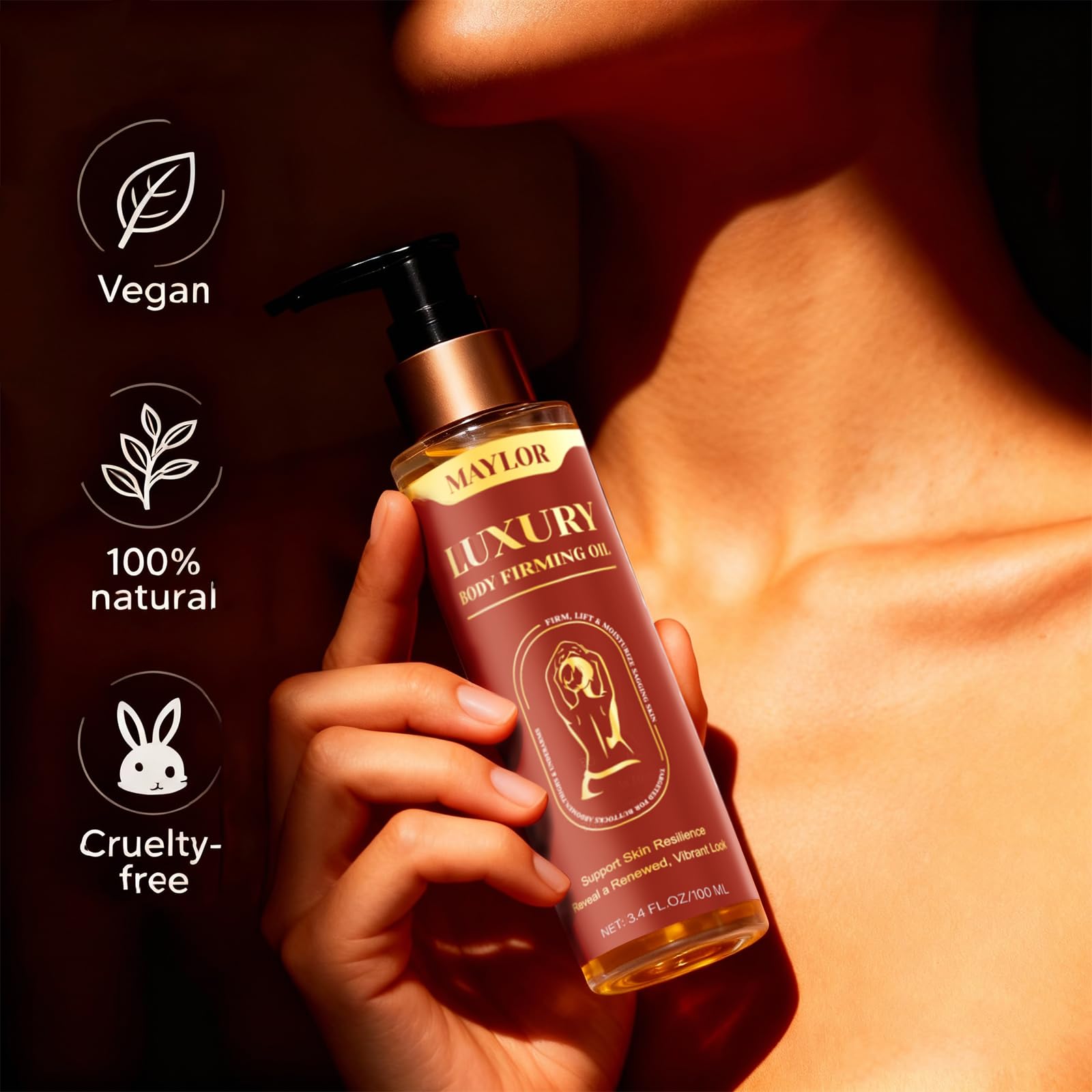 BENIX Body Firming Oil pour demonstrates easy application with quick absorption.