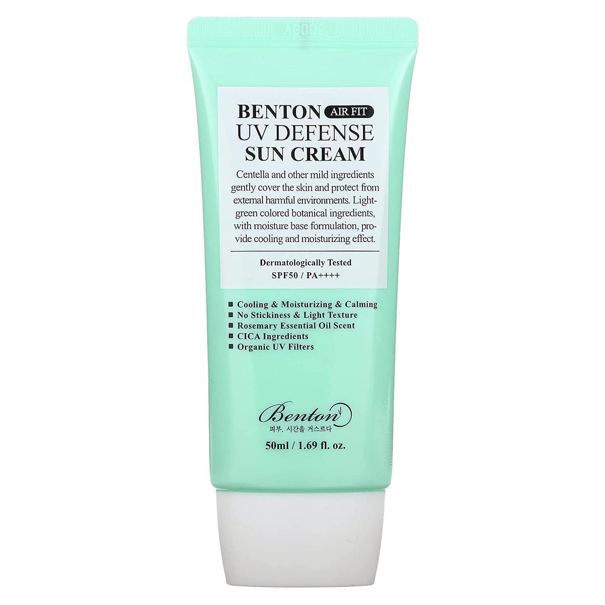 Benton Air Fit UV Defense Sun Cream bottle on a clean surface for daily UV protection.