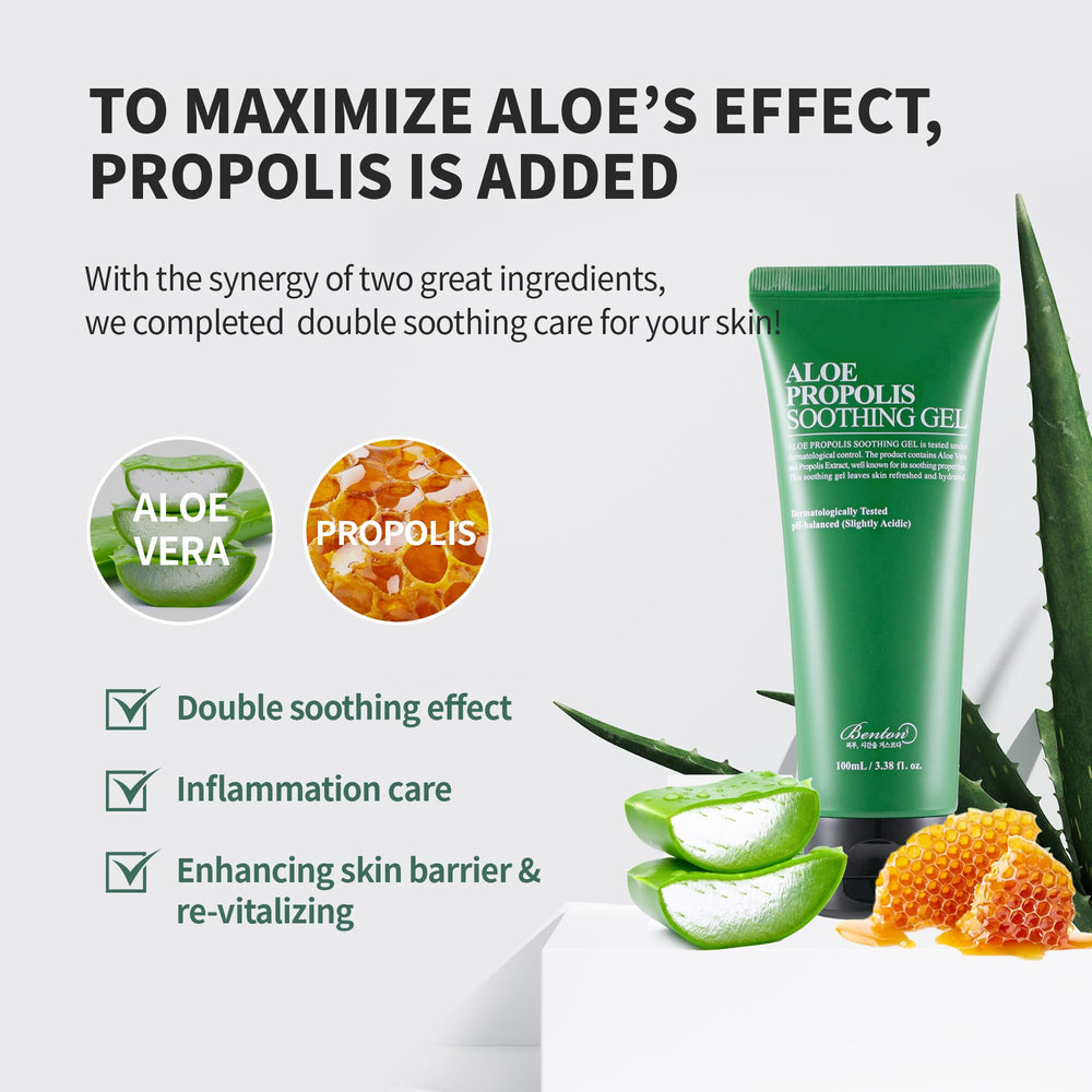 Packaging view of Benton Aloe Propolis soothing gel in travel-friendly bottle