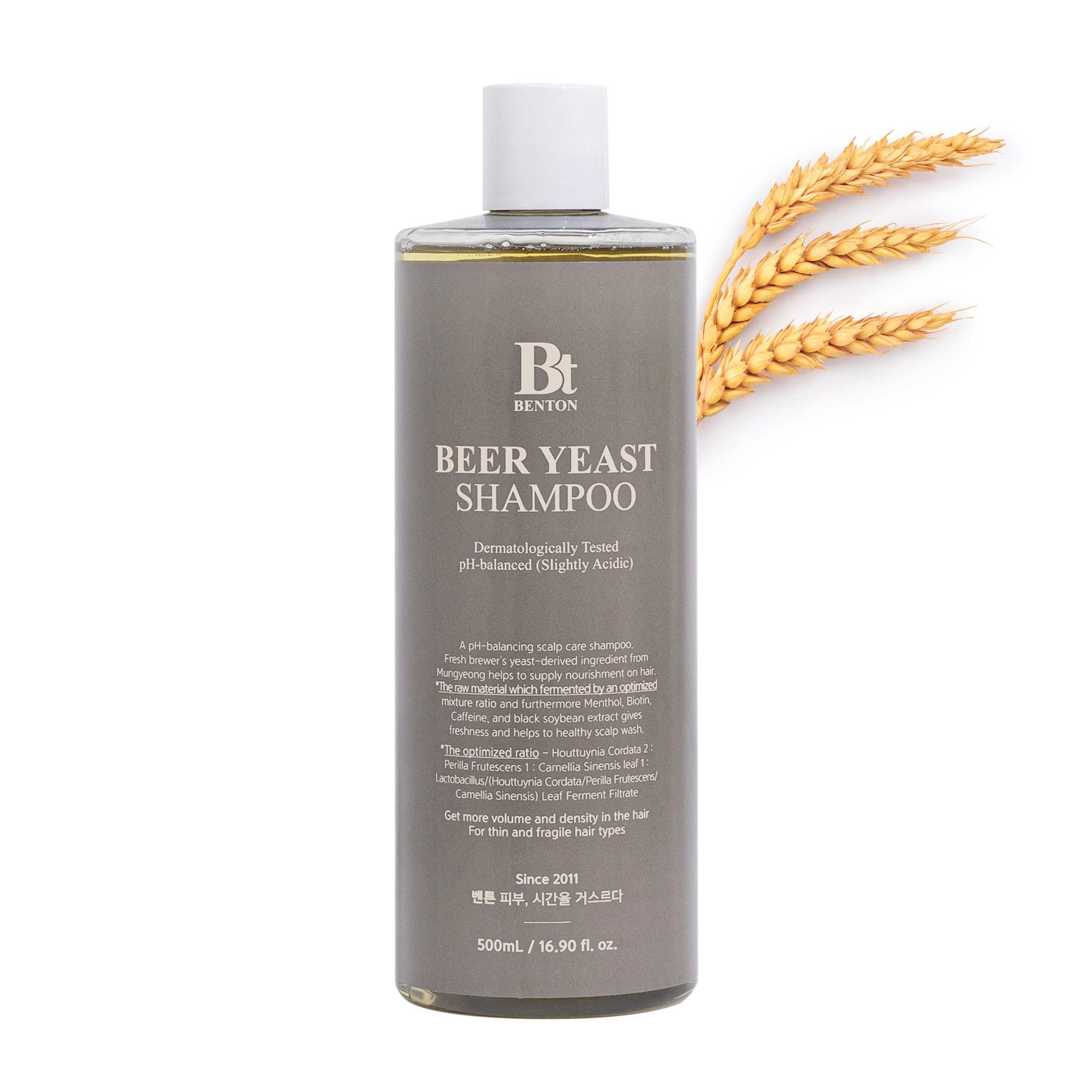 BENTON Beer Yeast Shampoo bottle promotes gentle cleansing for a balanced scalp.