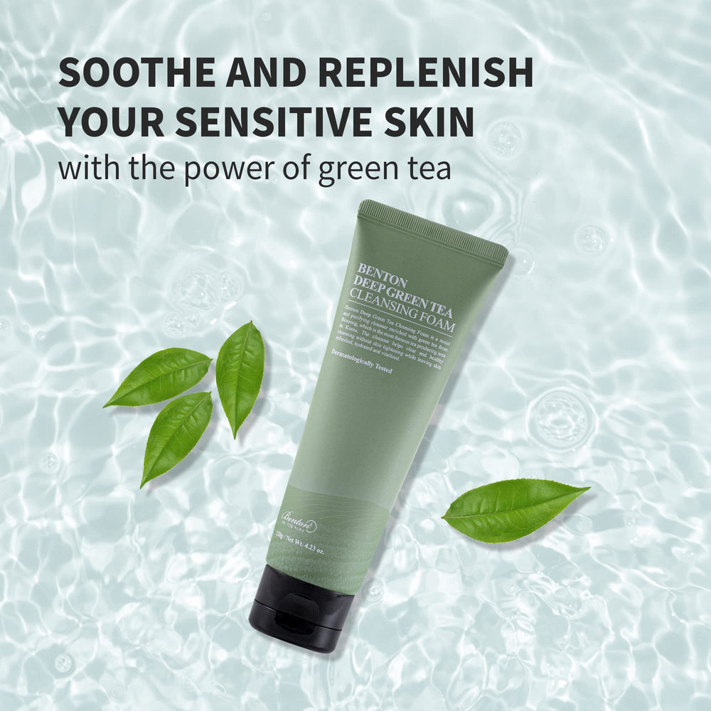 BENTON Deep Green Tea Face Wash foam close-up showing rich lather