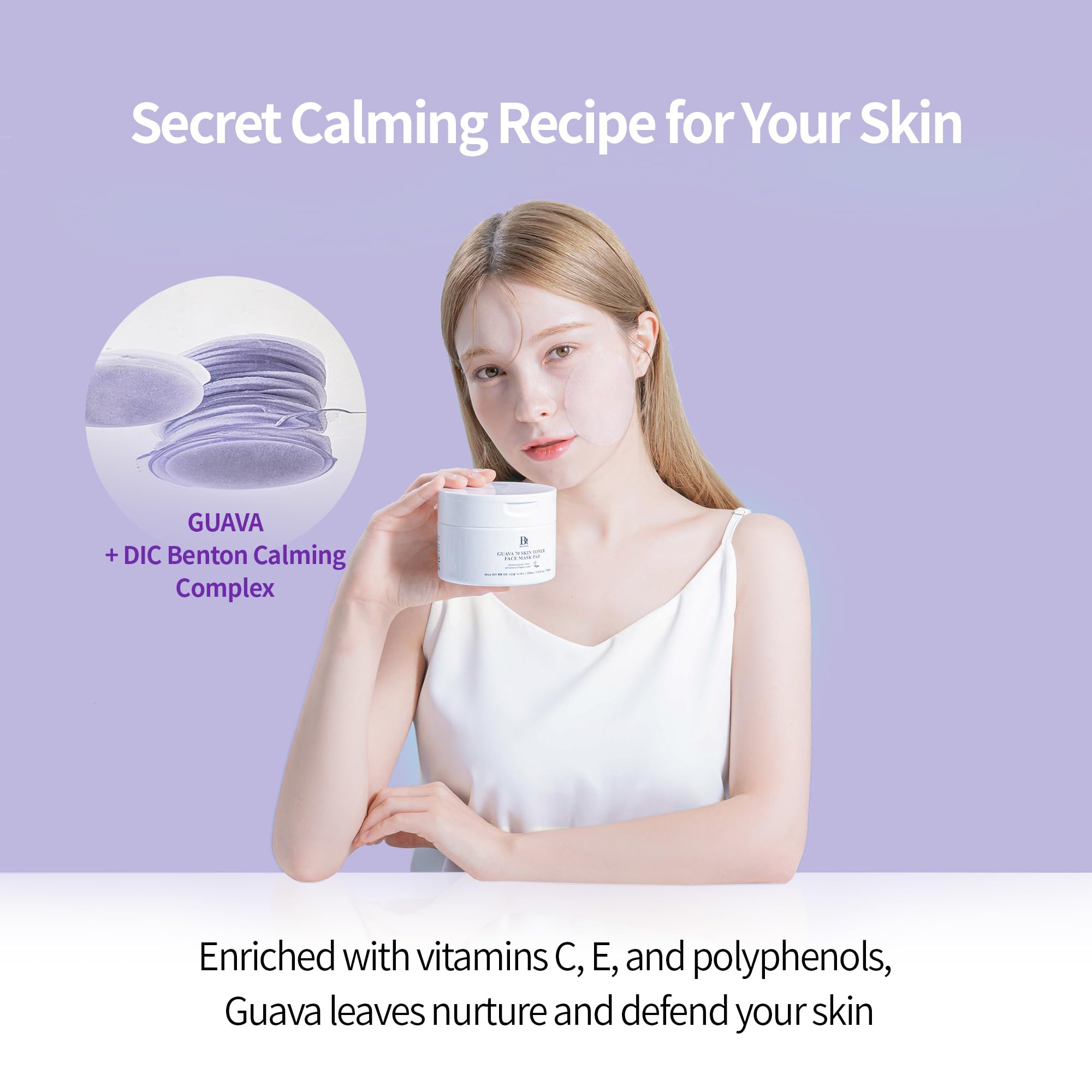 BENTON Guava 70 soothing pad calms irritated skin and heat.