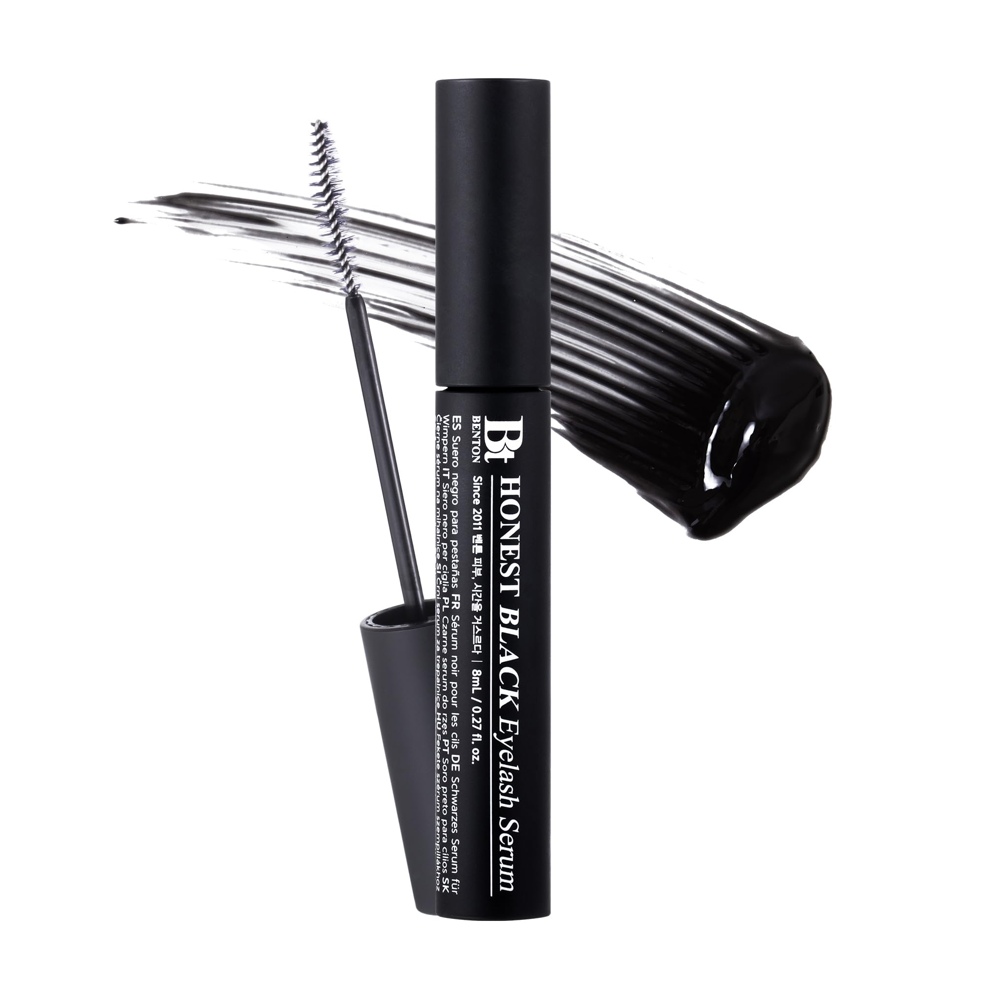 BENTON Honest Black Eyelash Serum bottle highlighting nourishing formula for lashes.