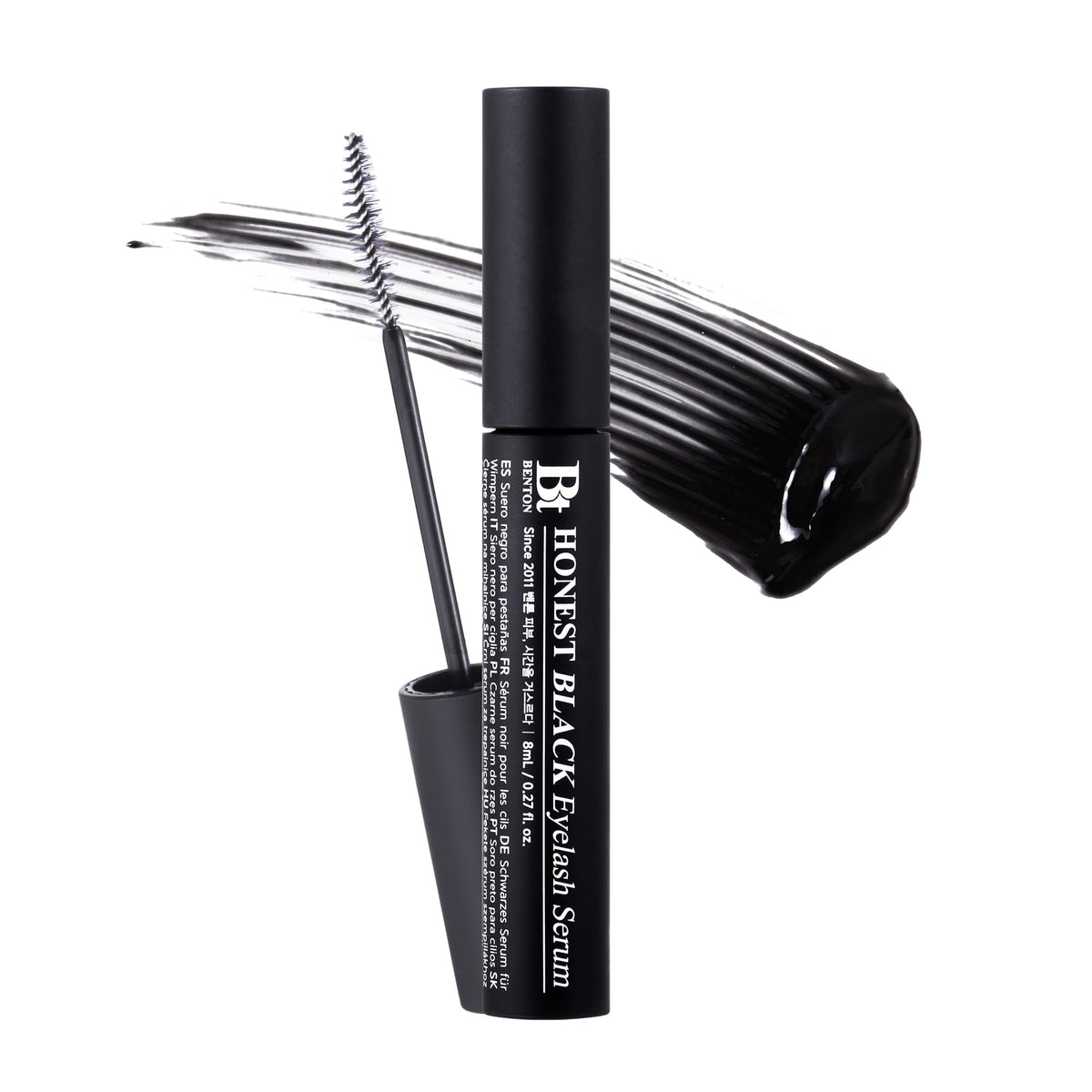 BENTON Honest Black Eyelash Serum bottle highlighting nourishing formula for lashes.