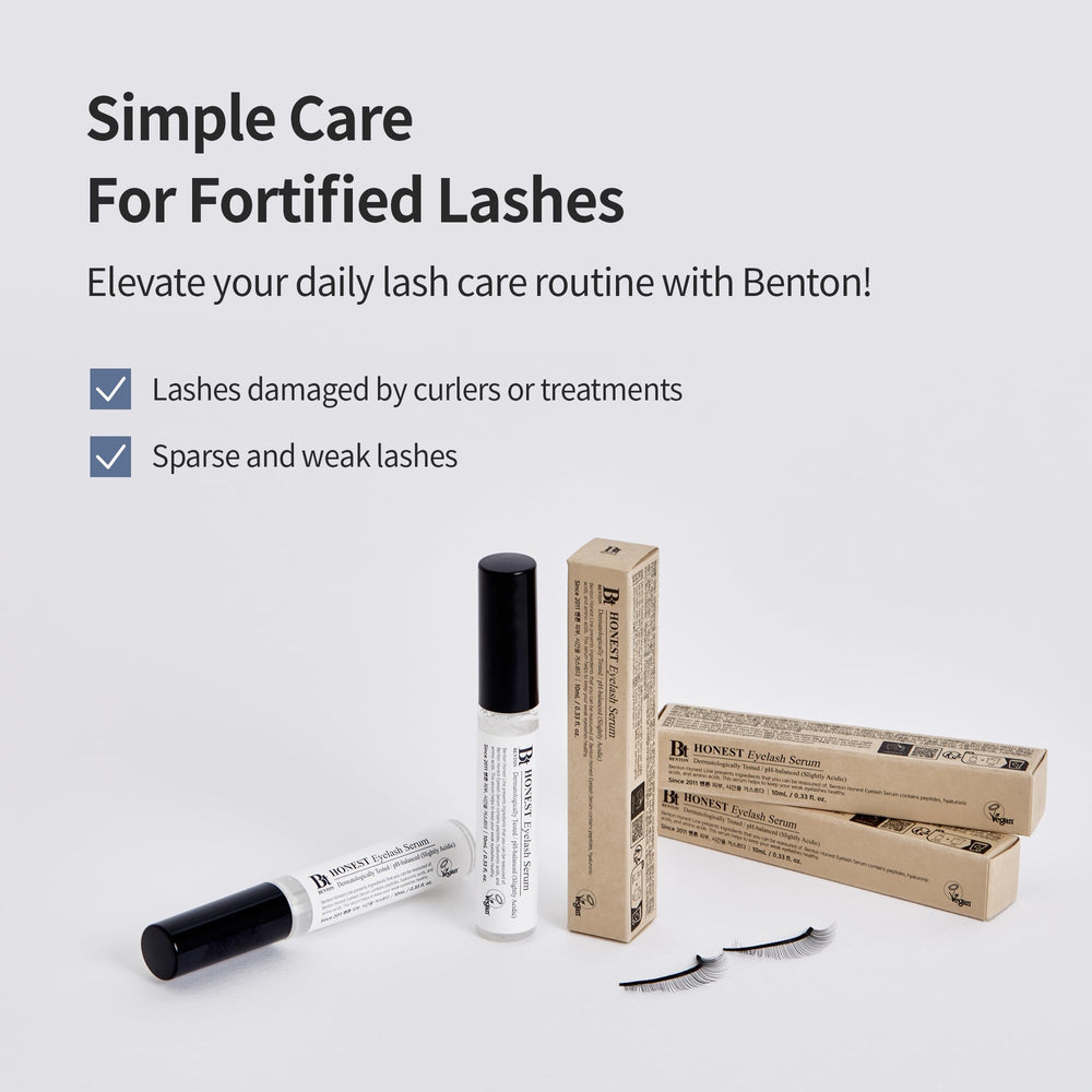 BENTON Honest Eyelash Serum brush displays precise C-curve and ball-tip design.