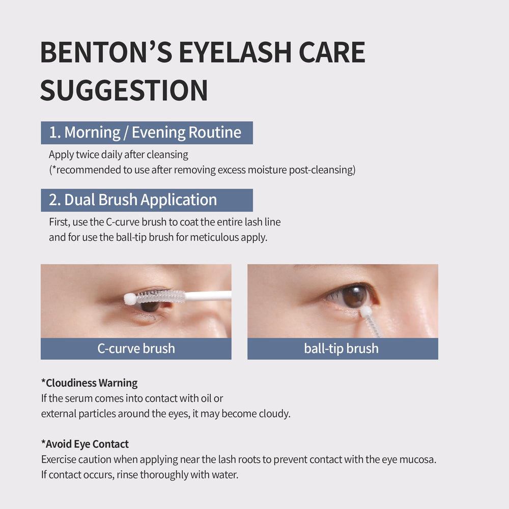 Packaging box of BENTON Honest Eyelash Serum highlighting ingredients.