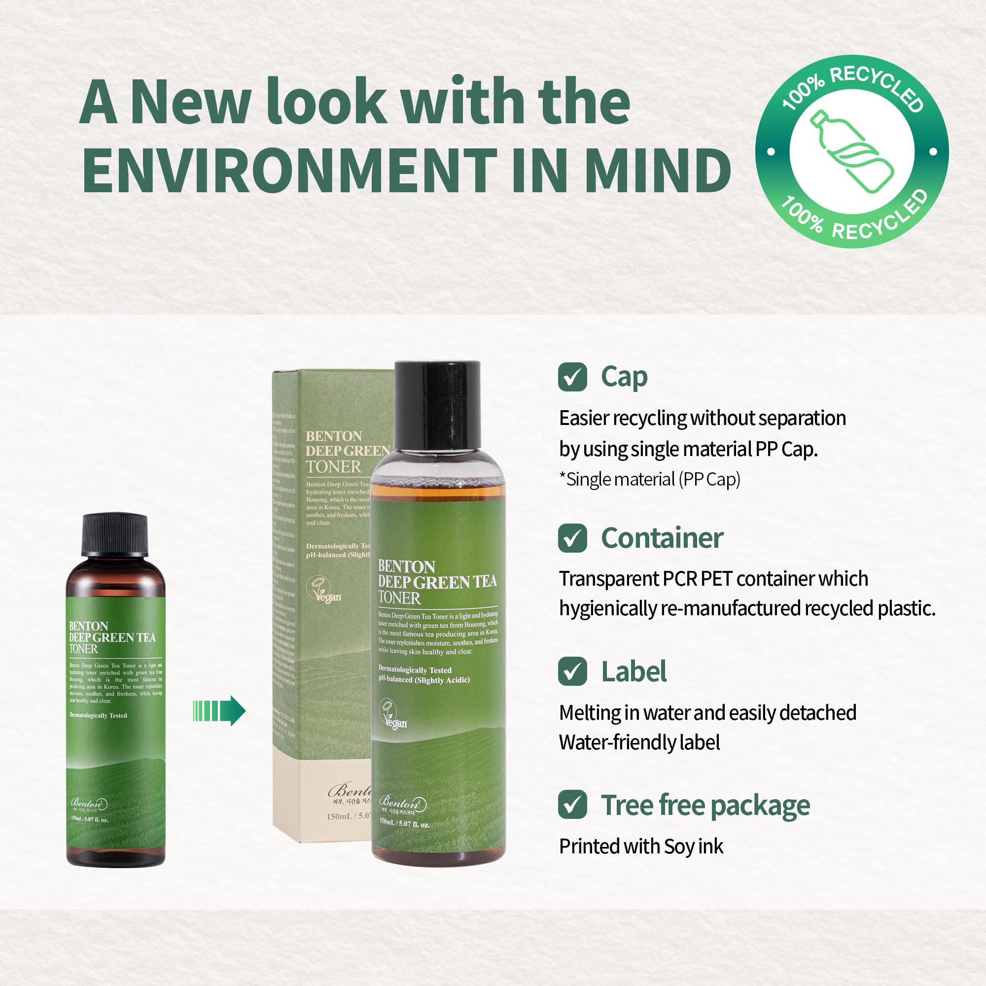 Eco-friendly packaging communicates Benton’s sustainability and clean beauty ethos.