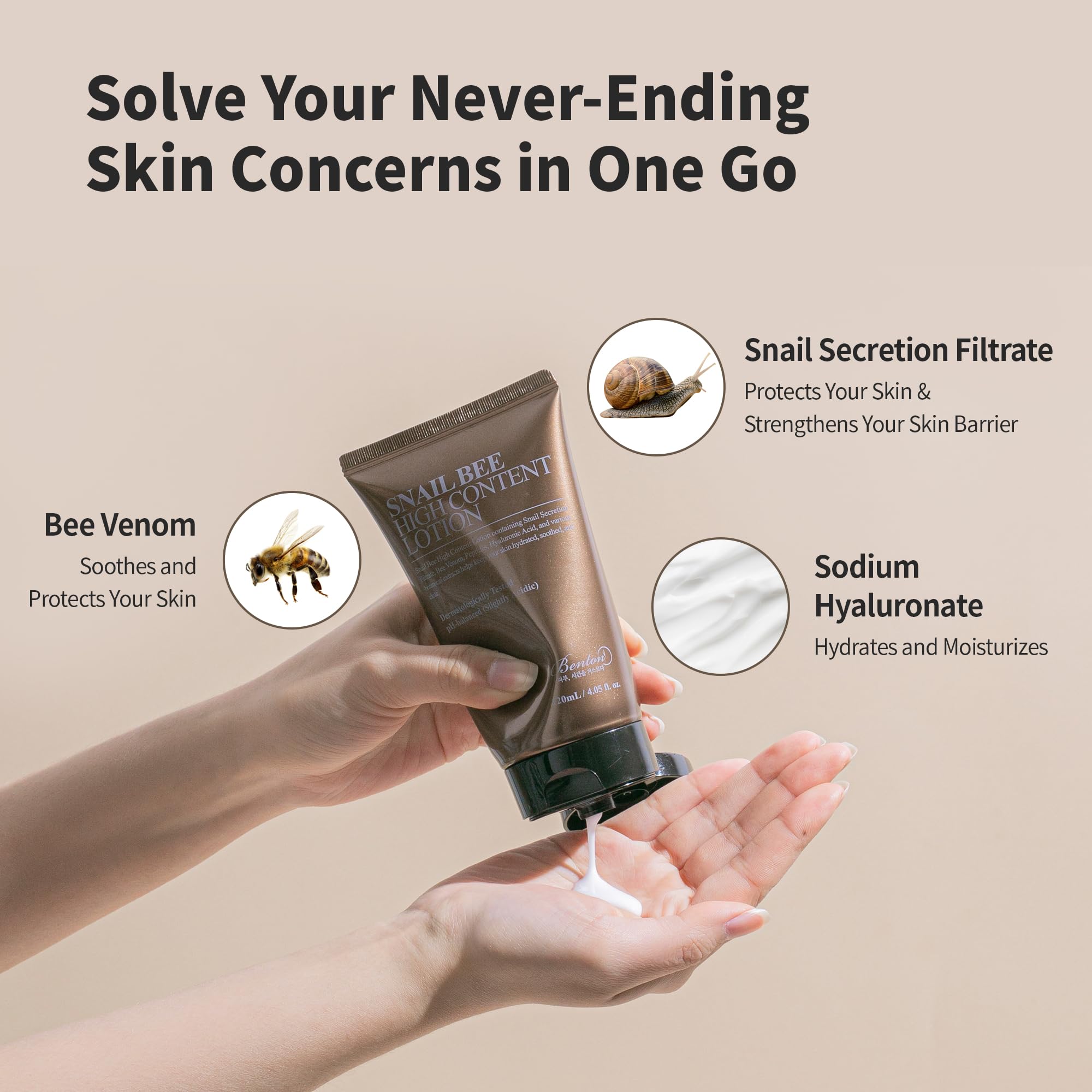 The BENTON Snail Bee High Content Lotion ingredients highlight snail filtrate and bee venom.