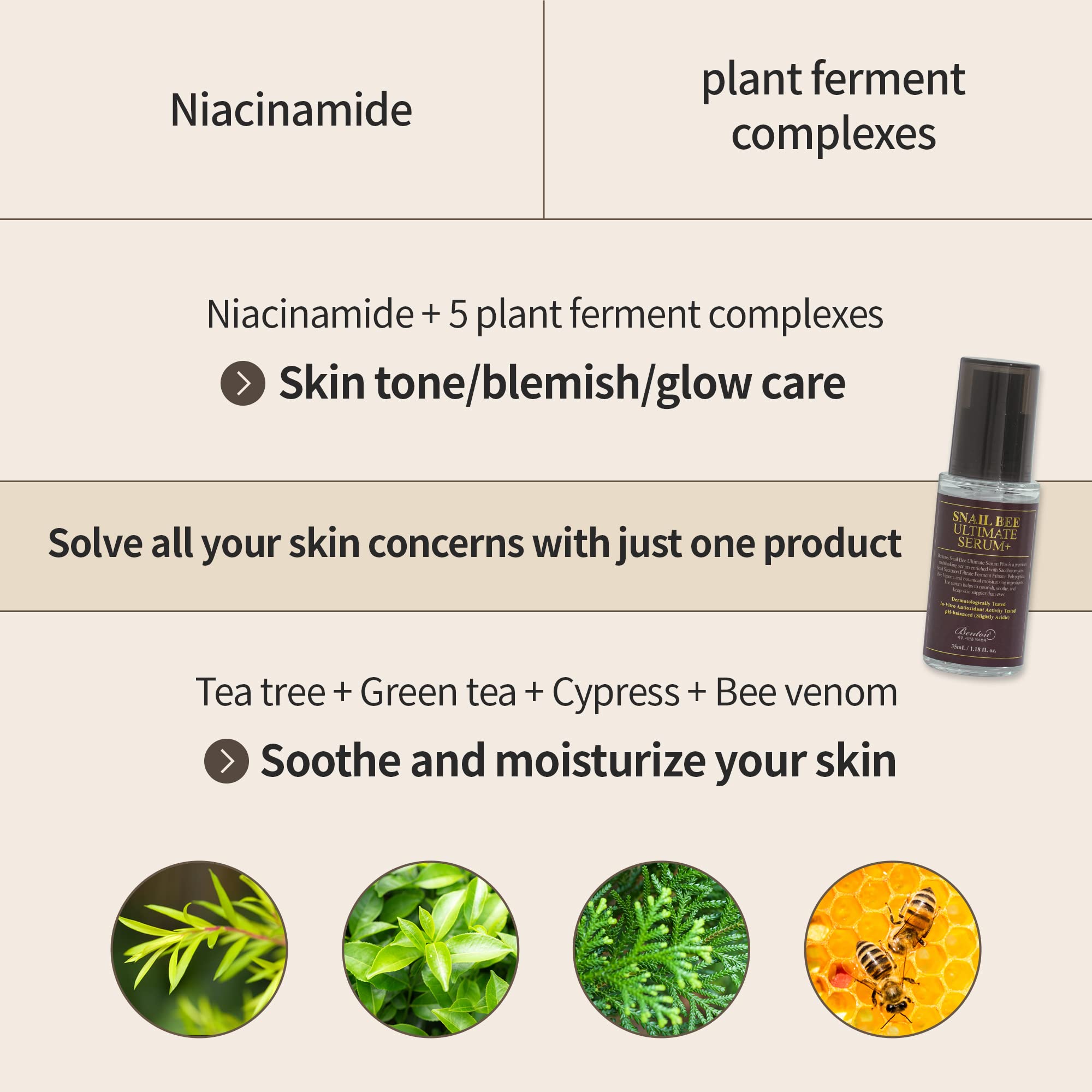 BENTON Snail Bee Ultimate Serum ingredient close-up shows snail mucin and bee venom