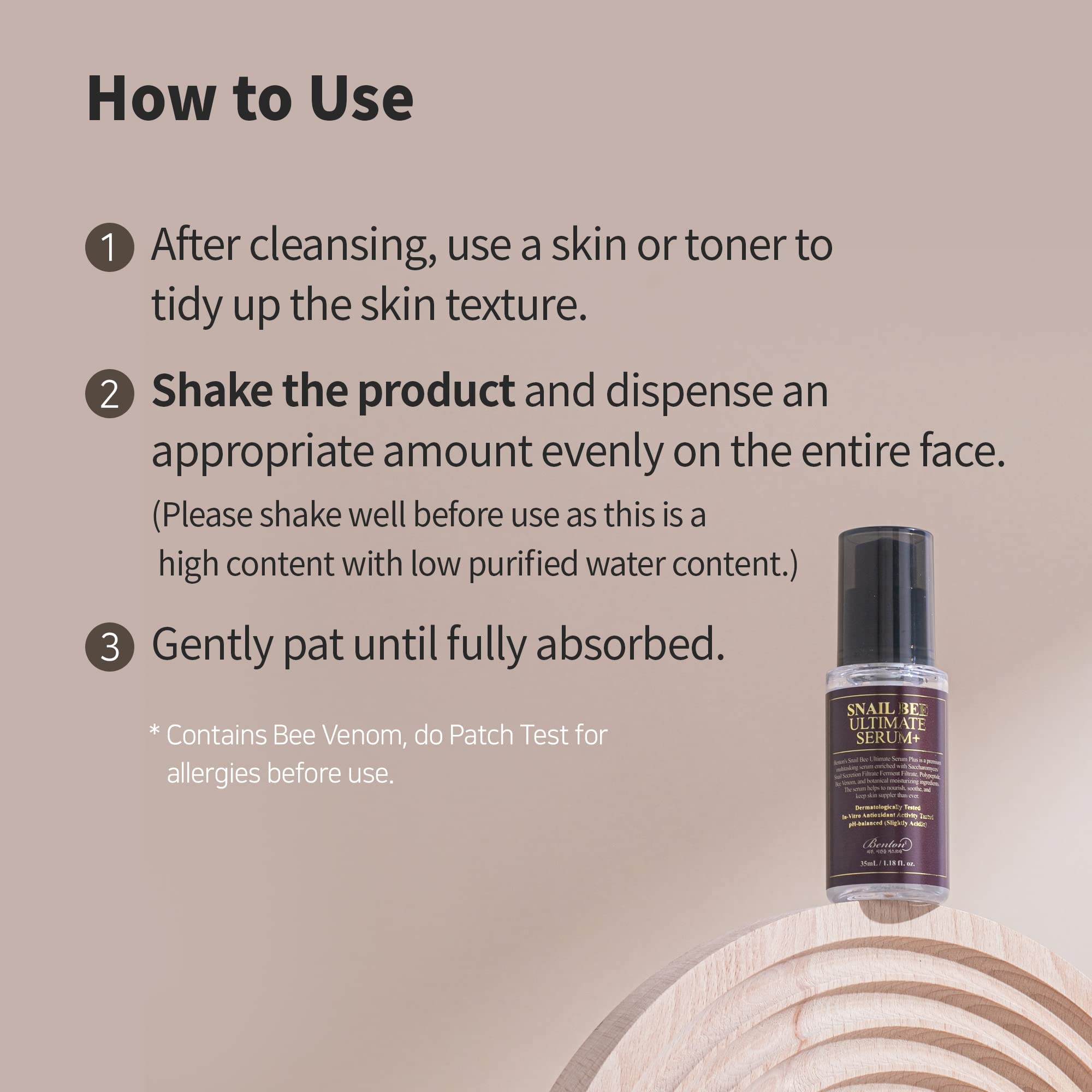 BENTON Snail Bee Ultimate Serum swatch on hand demonstrates hydrating finish and potential radiance