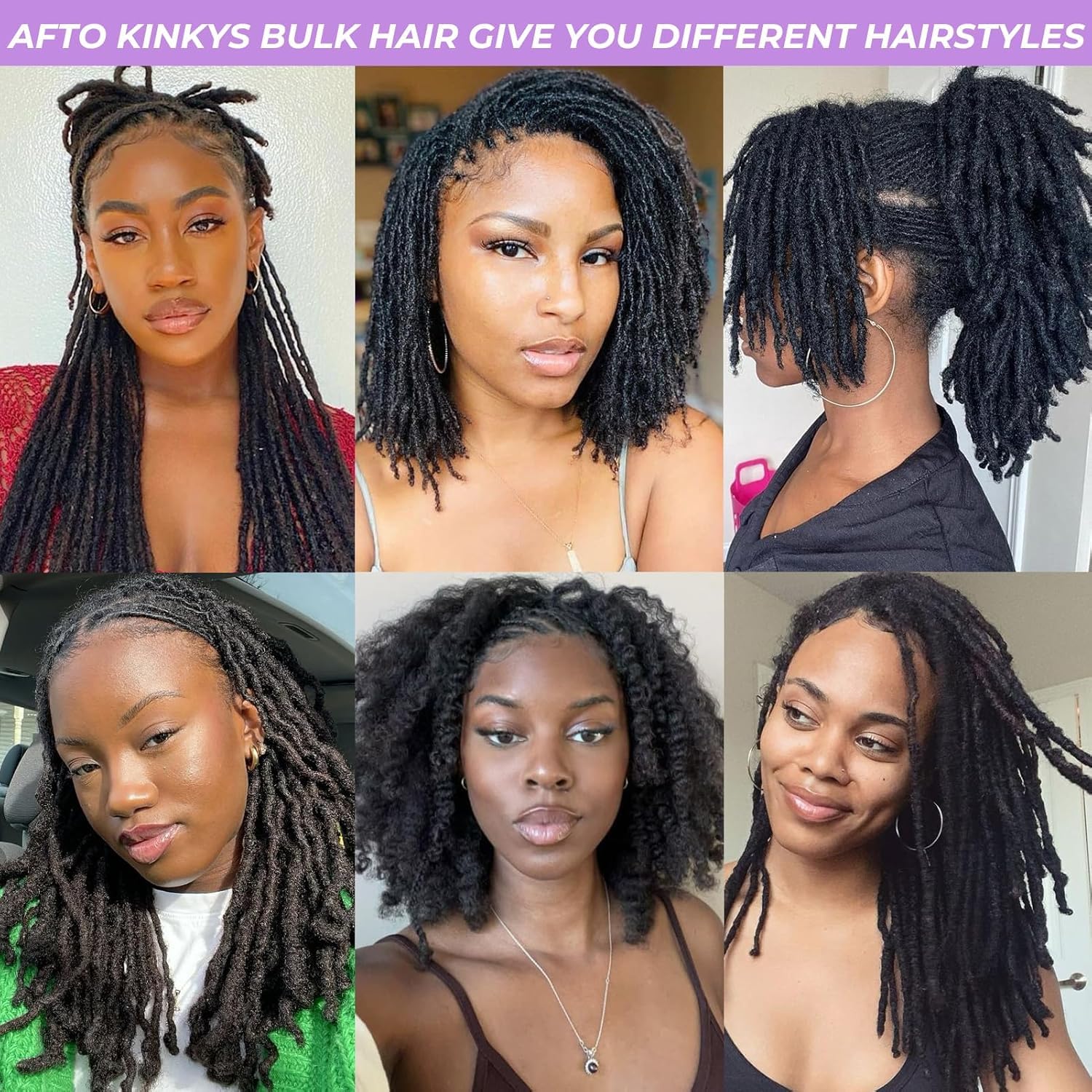 BEOTTI Afro Kinky Bulk Hair full-head look with three to five packs.