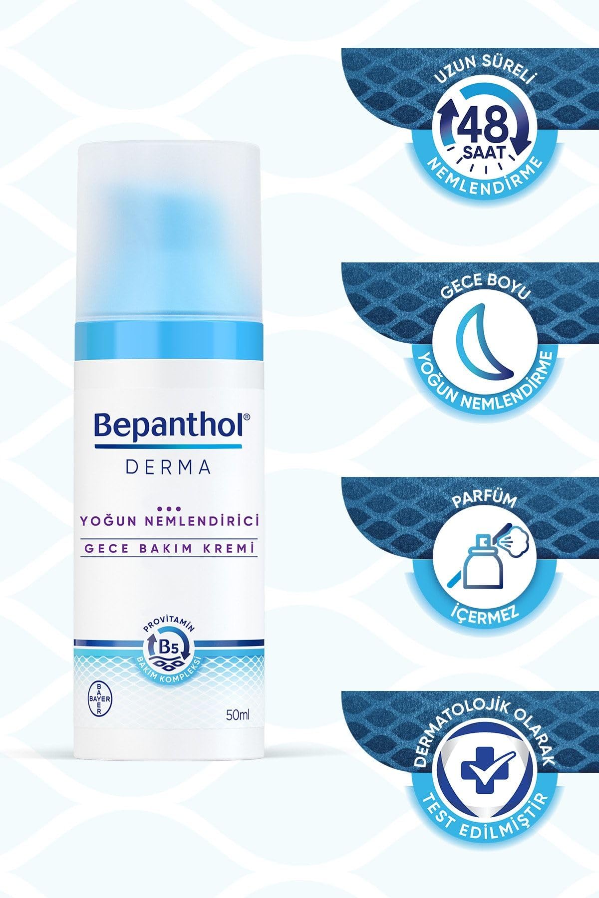 Bepanthol Derma Night Cream on skin hints long lasting moisture