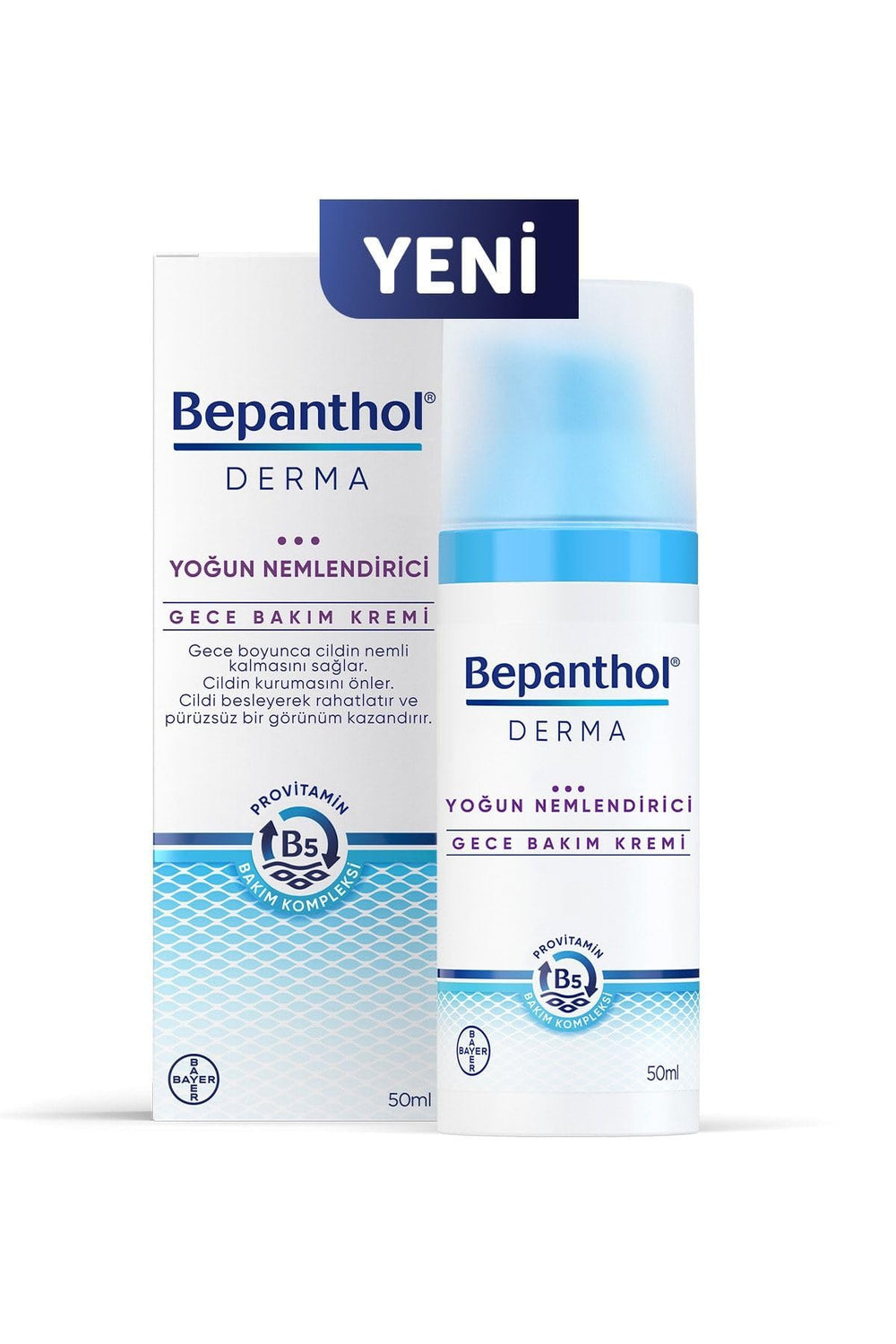 Bepanthol Derma Night Cream packaging highlights rich hydration for dry skin