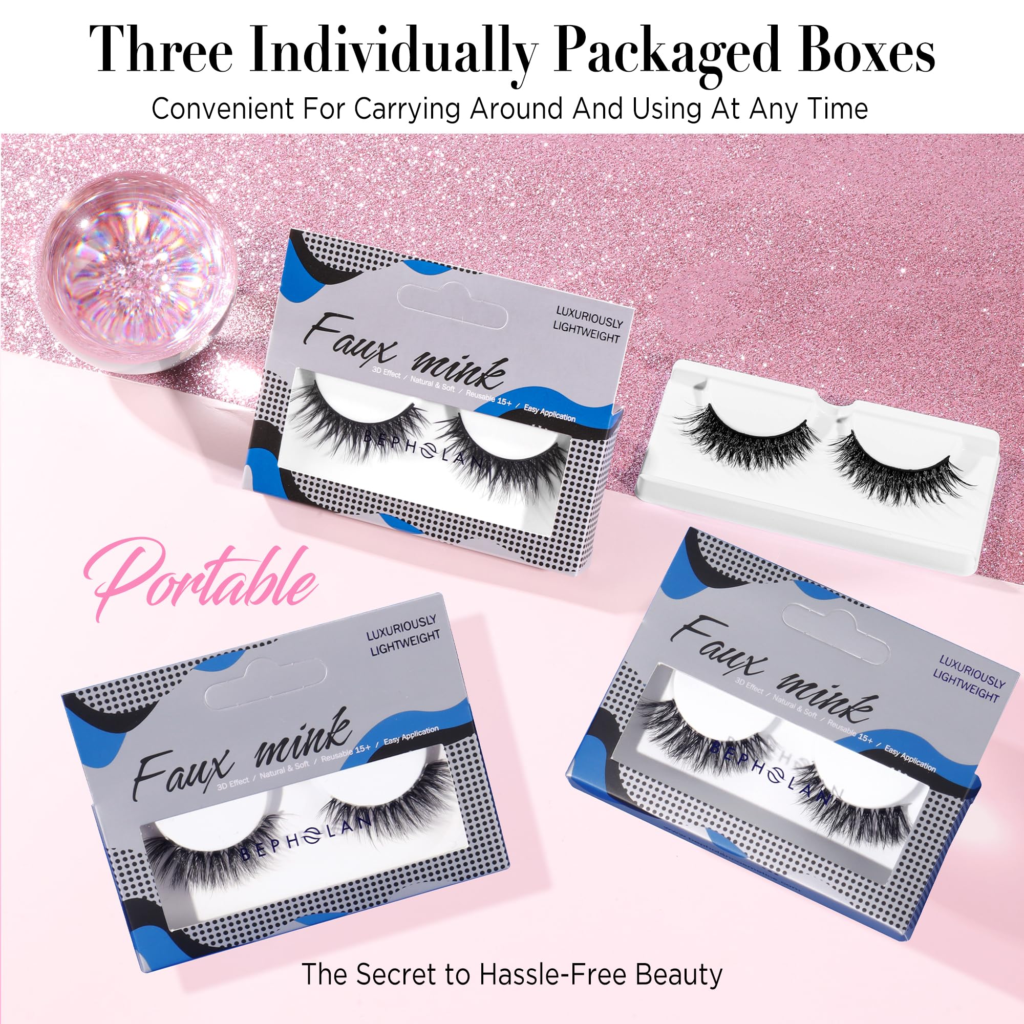 Bepholan 3 pack faux mink lashes close up with versatile looks