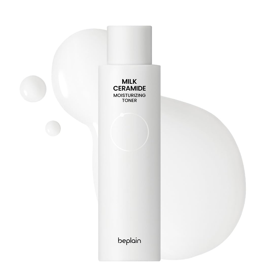 Beplain Milk Ceramide Toner bottle highlights silky hydration that calms and strengthens the skin barrier.