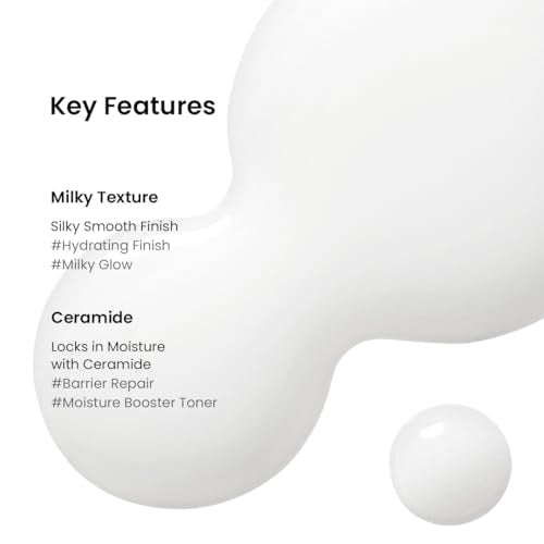 Beplain Milk Ceramide Toner drops on skin illustrate quick absorption and gentle hydration.