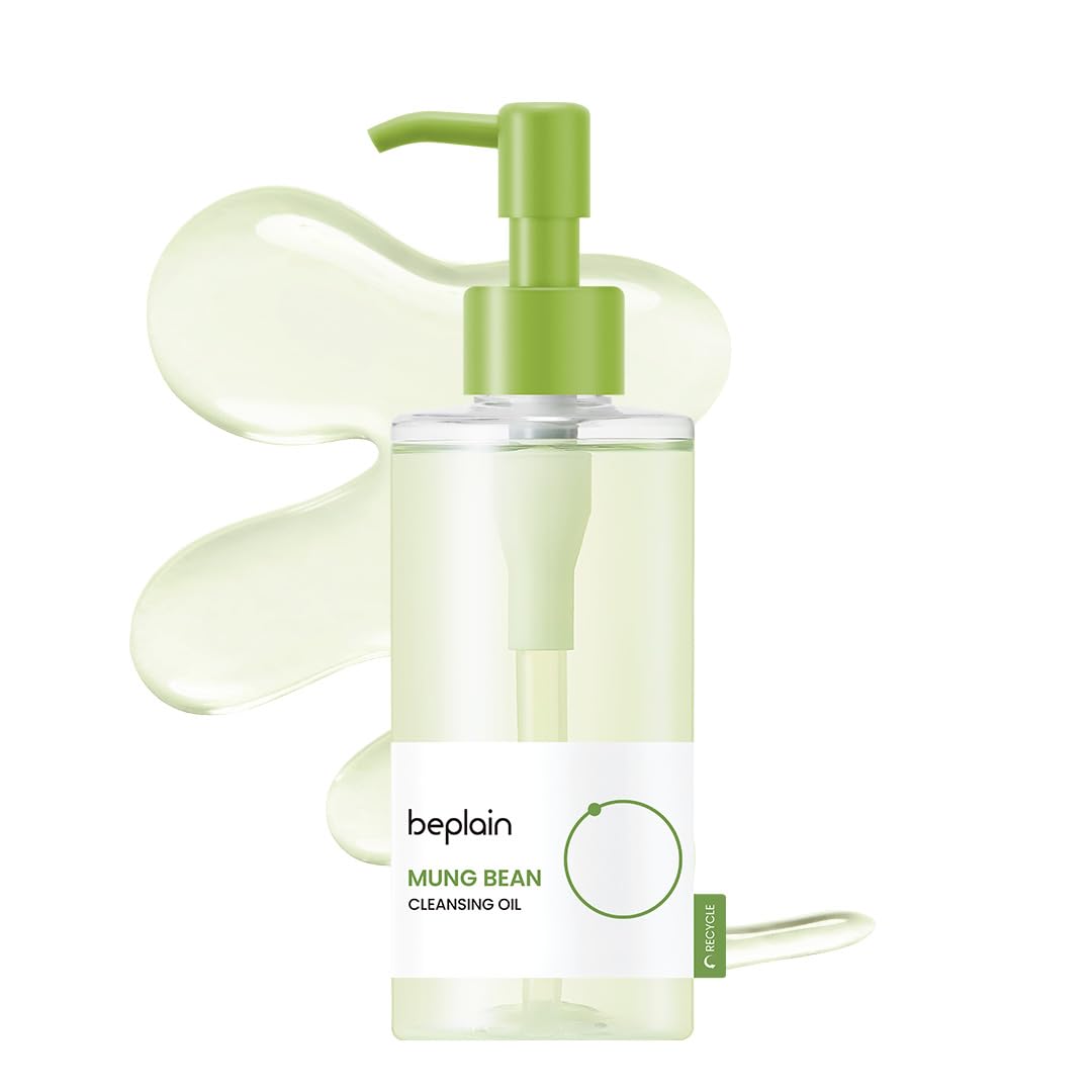 Beplain Mung Bean Cleansing Oil bottle pour for gentle makeup removal.