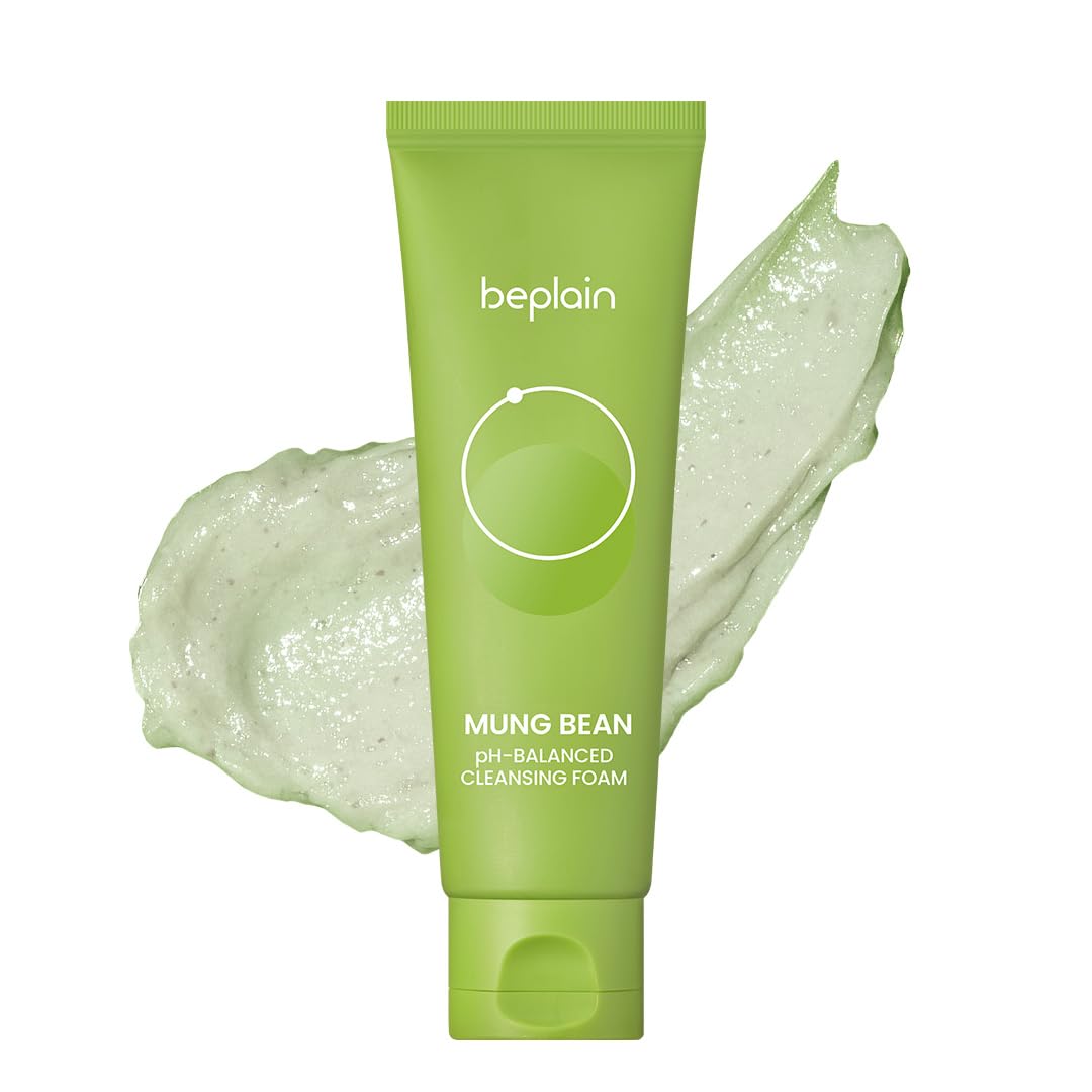 Beplain mung bean foam bottle pour shows gentle cleansing for sensitive skin.