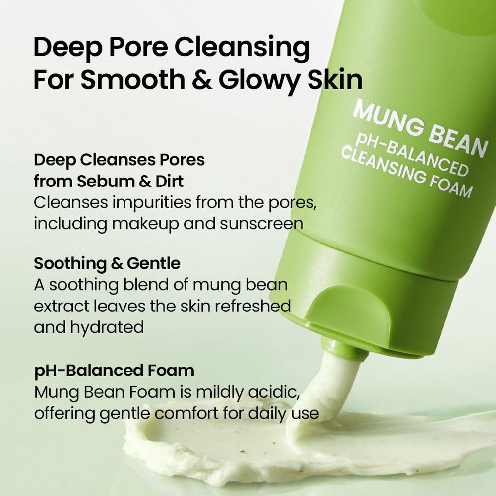 Beplain mung bean foam pore cleansing action demonstrates impurity removal with soothing balance.