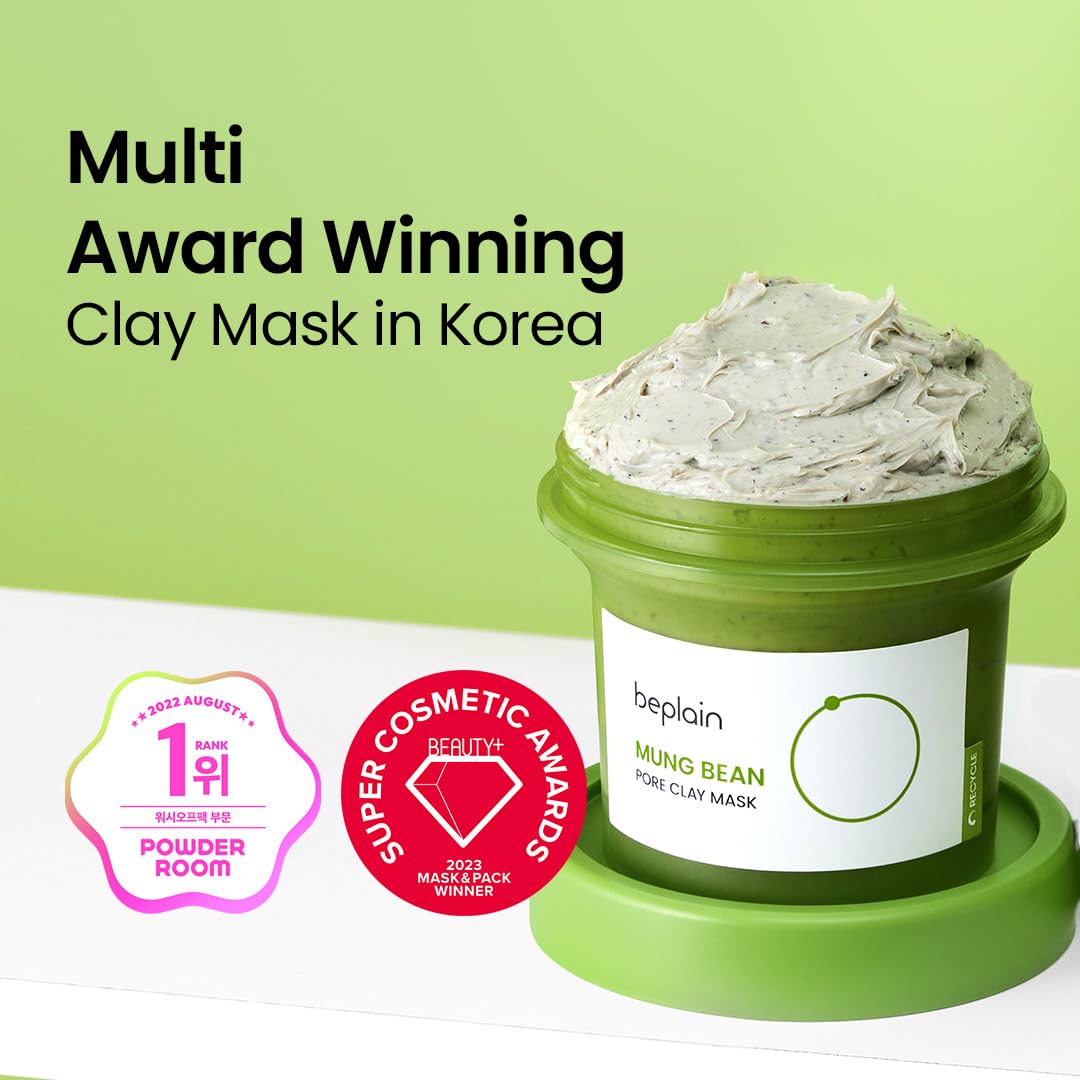 Beplain mung bean pore clay mask spread on skin shows creamy texture.