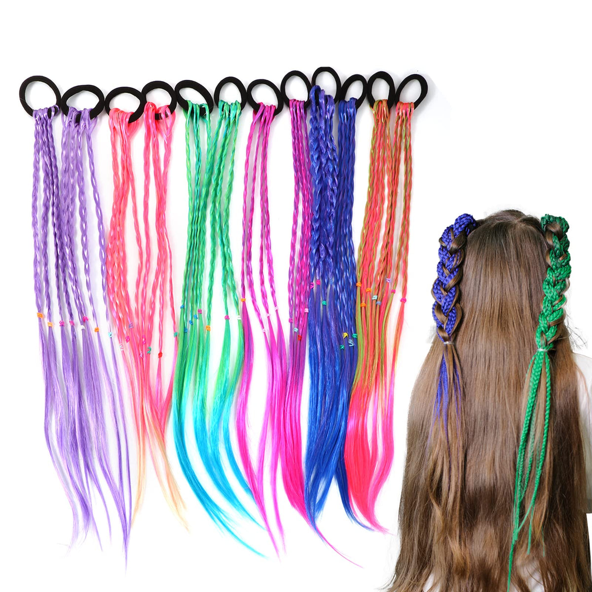 Berchaoki rainbow braid extensions 17-inch pack for playful, colorful hairstyles.